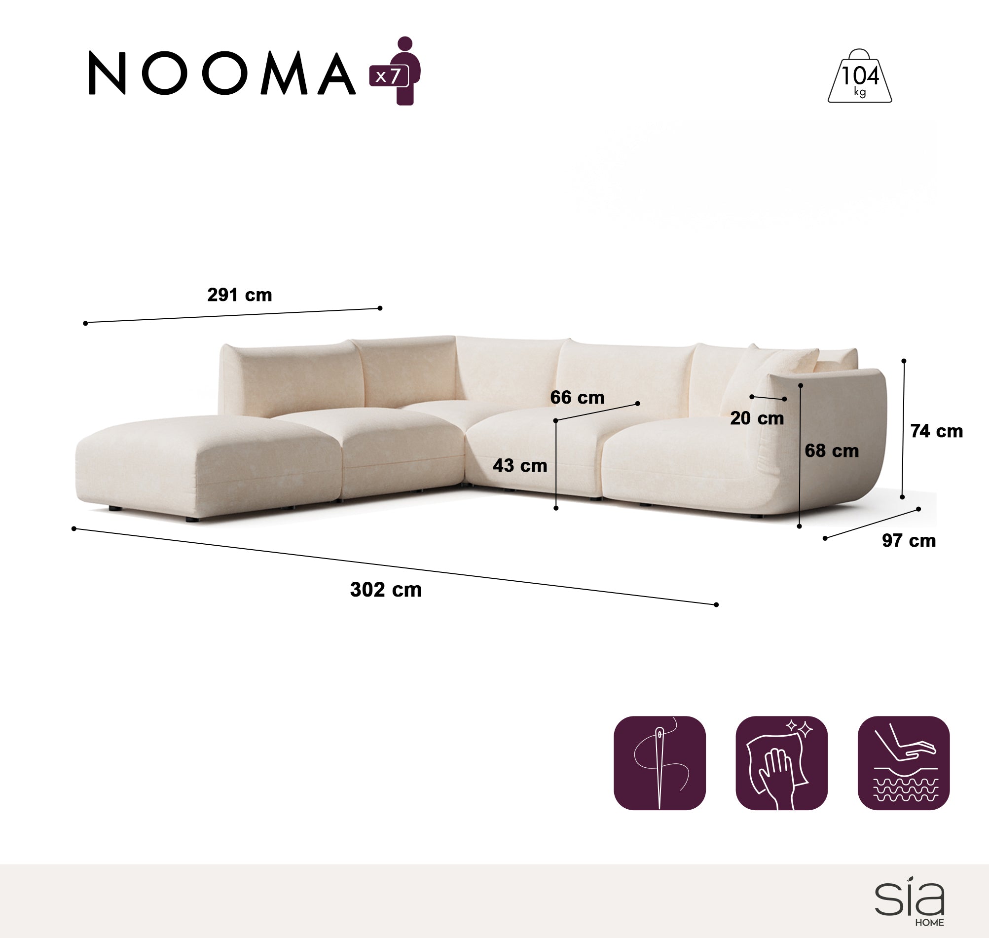 Sia NOOMA canapé angle gauche modulable 7 places