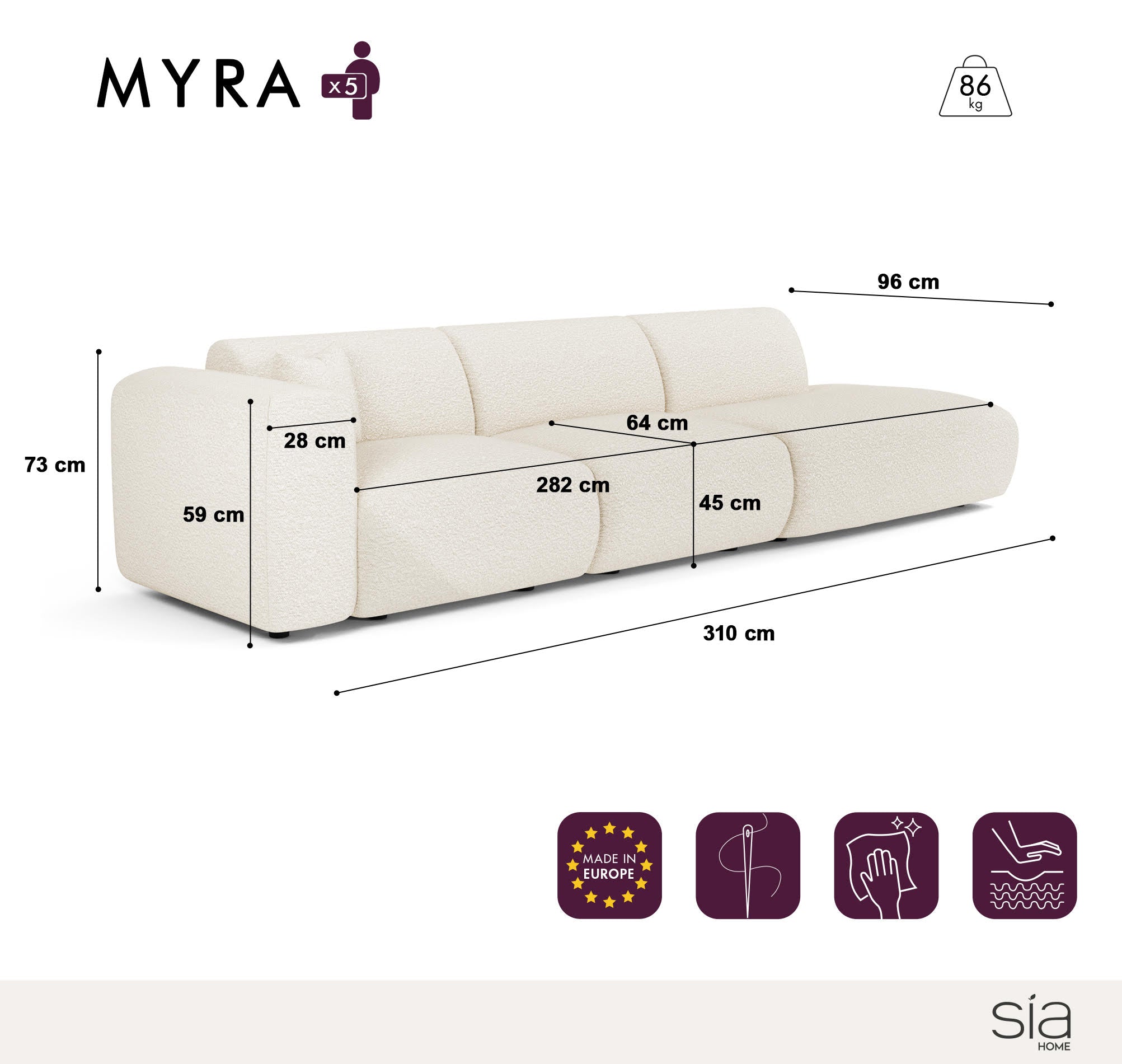 Sia Home Myra canapé droit crème 5 places