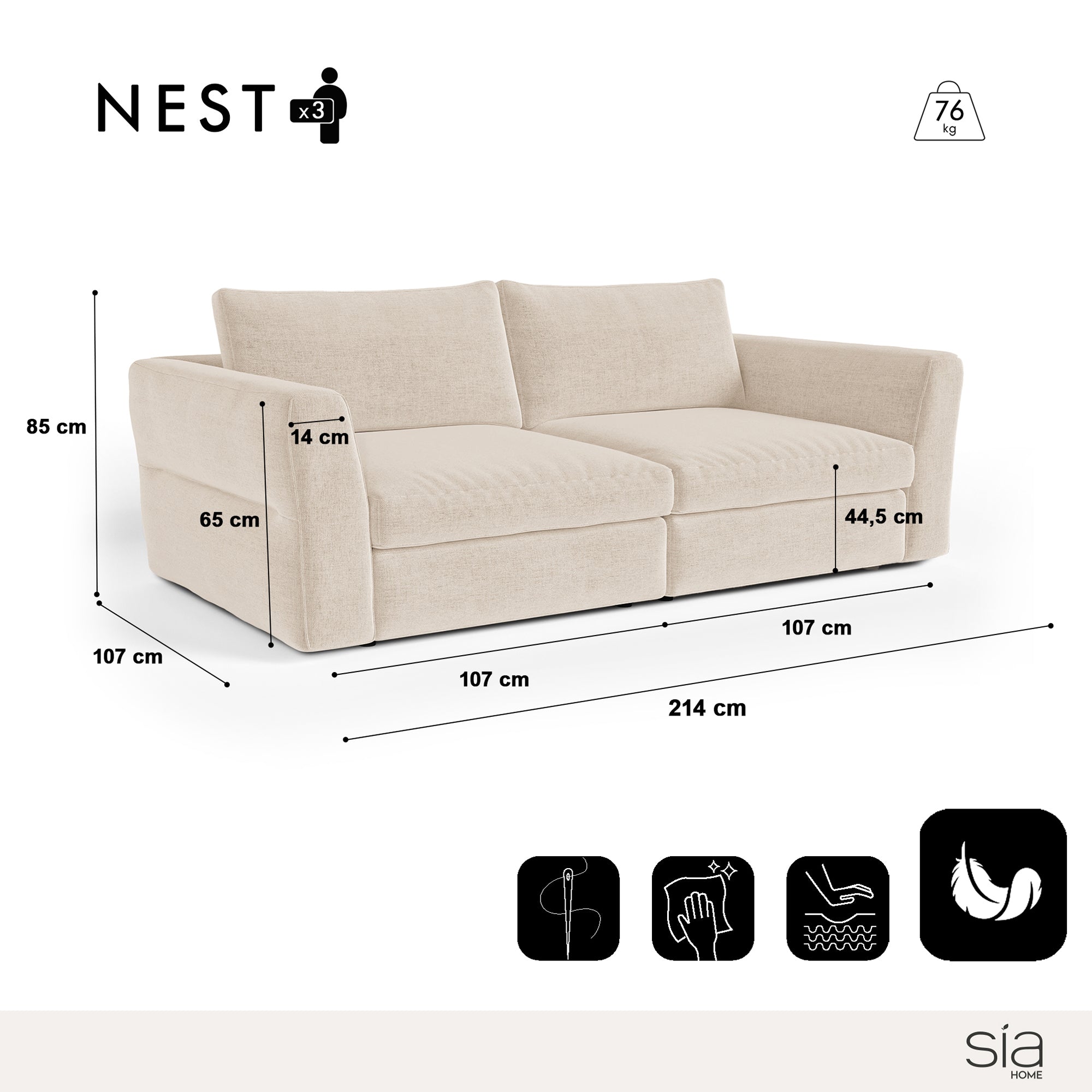 Sia Home Nest canapé modulable 3 places 214 cm salon