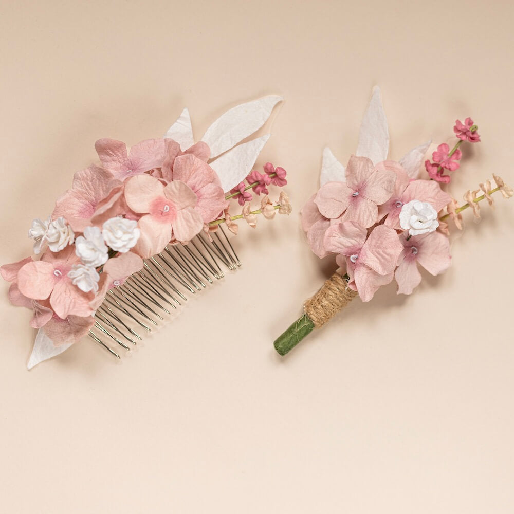 Flowrette Boutonnière fleur papier rose poudré mariage