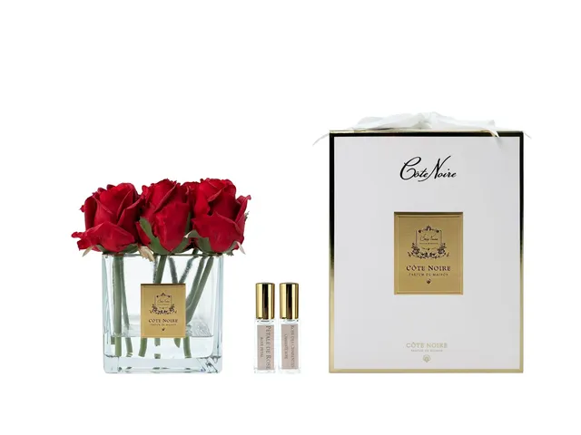 Côte Noire Couture Rosebuds SVC904 roses rouges vase carré