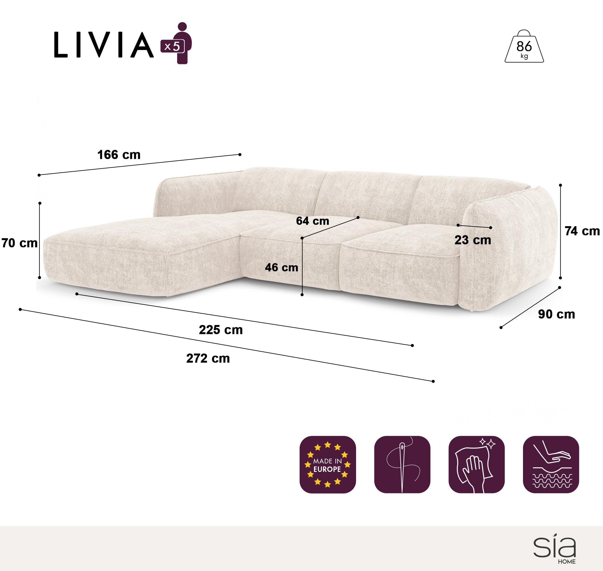 Sia Home Livia canapé d'angle gauche crème 5 places