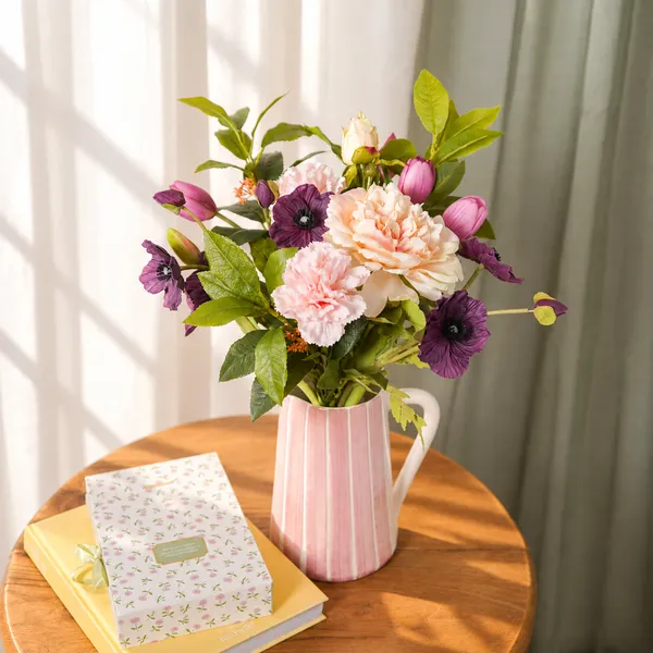 Flowrette Morgane bouquet fleurs artificielles violet rose pêche
