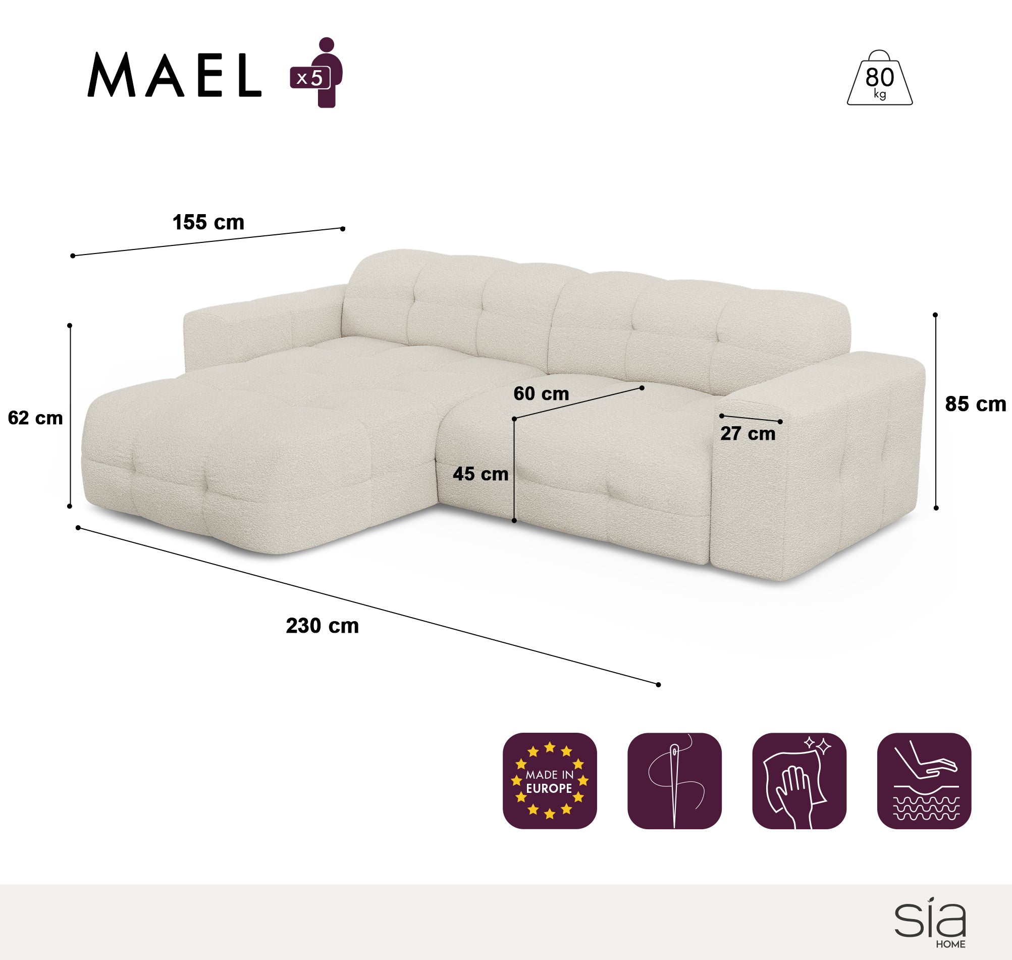 Sia Home Mael canapé angle gauche crème 5 places arrondi