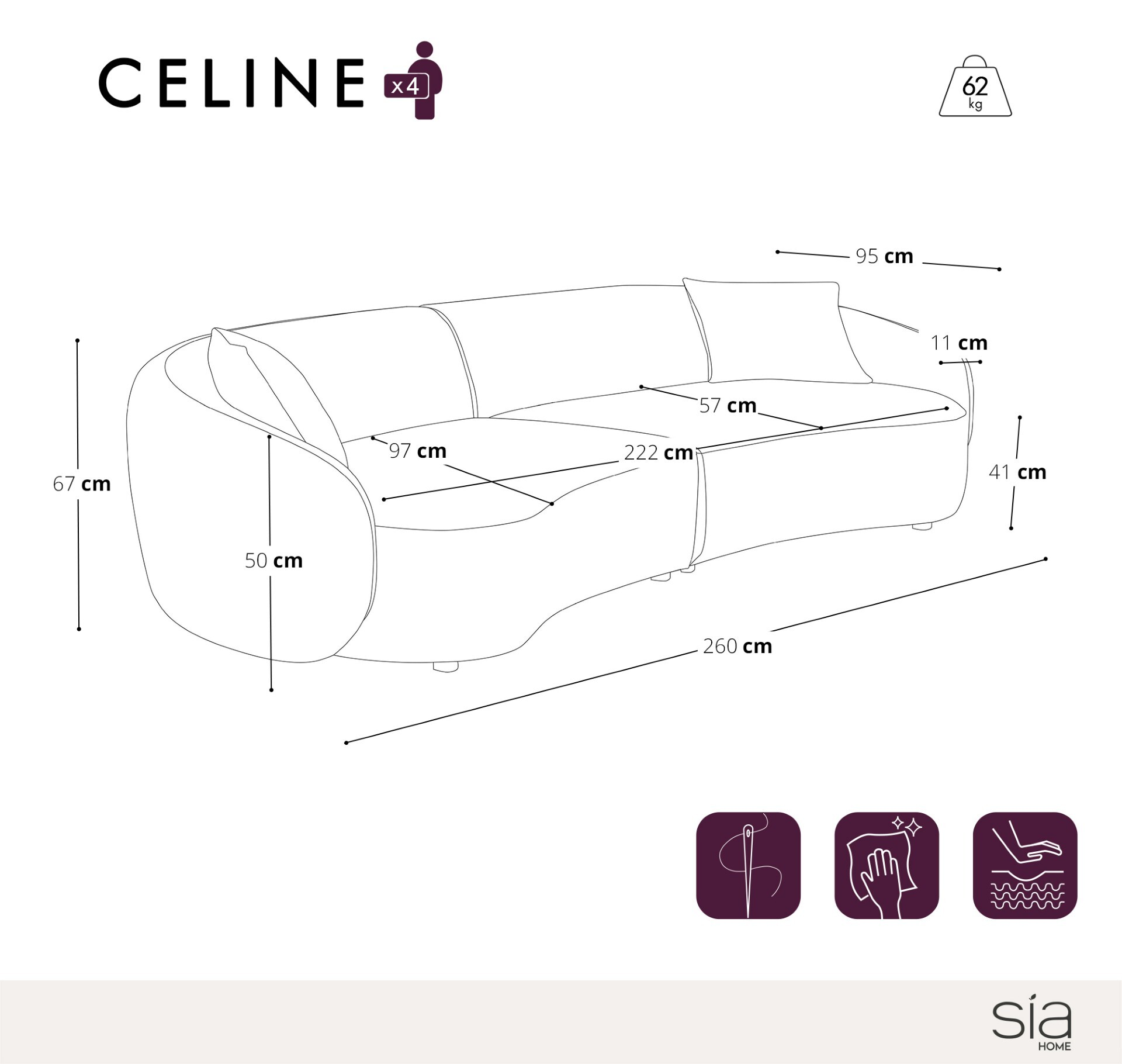 Sia Home Céline canapé 4 places crème arrondi