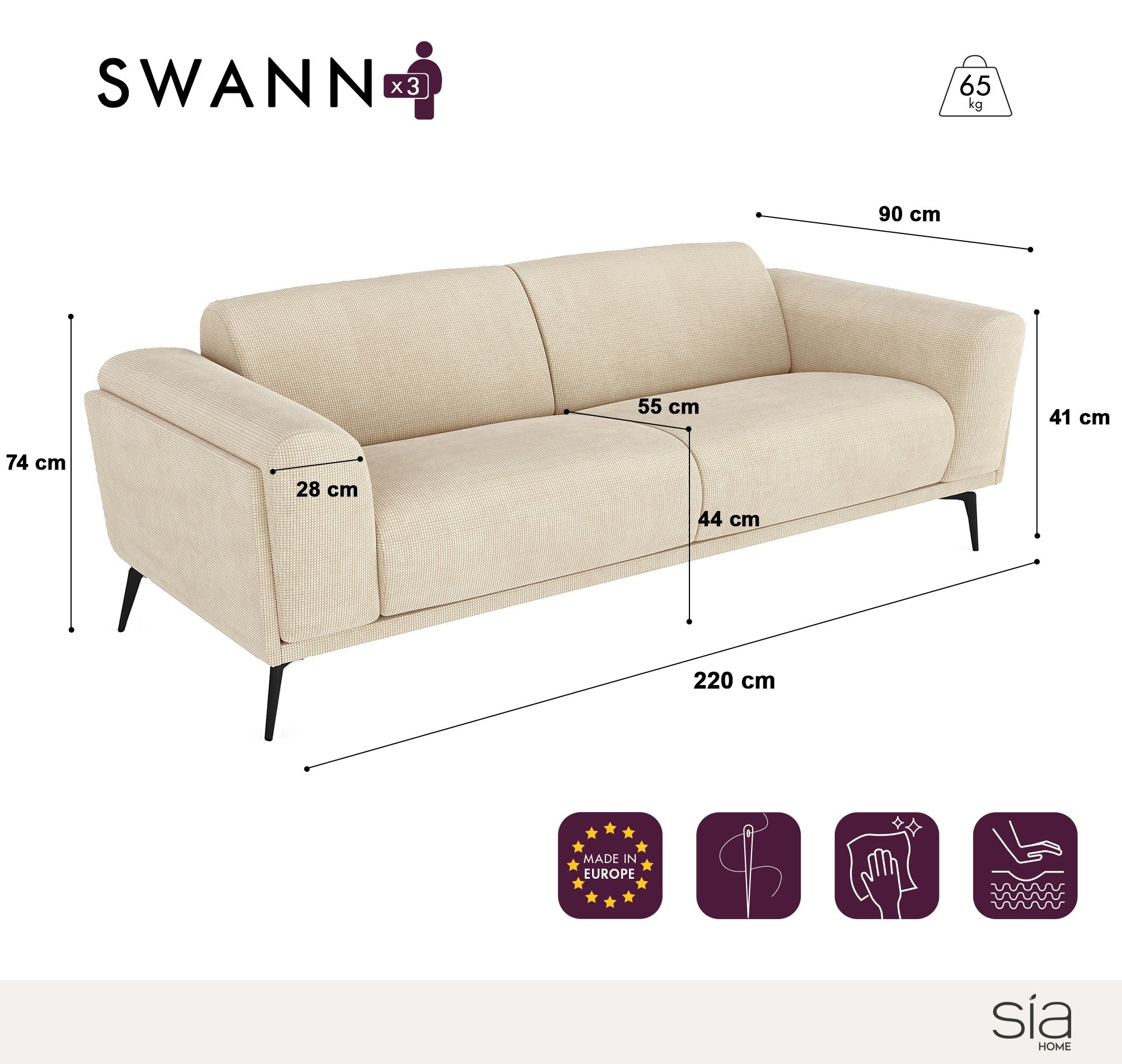 Sia Home Swann canapé crème tissu 5 places