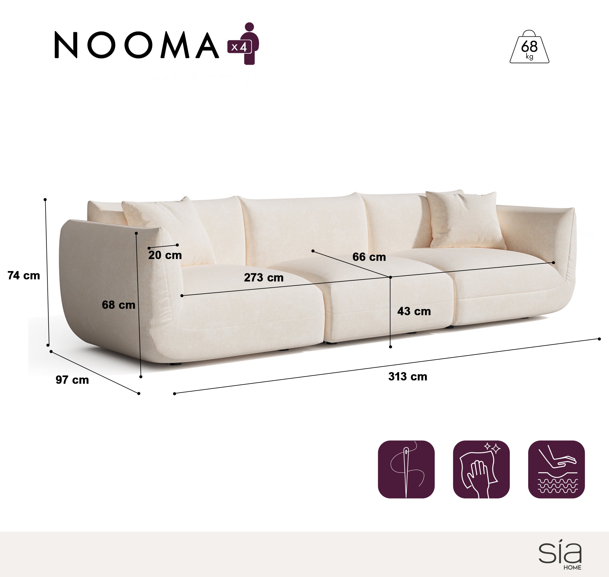 Sia Home Nooma Canapé modulable 4-5 places 313 cm