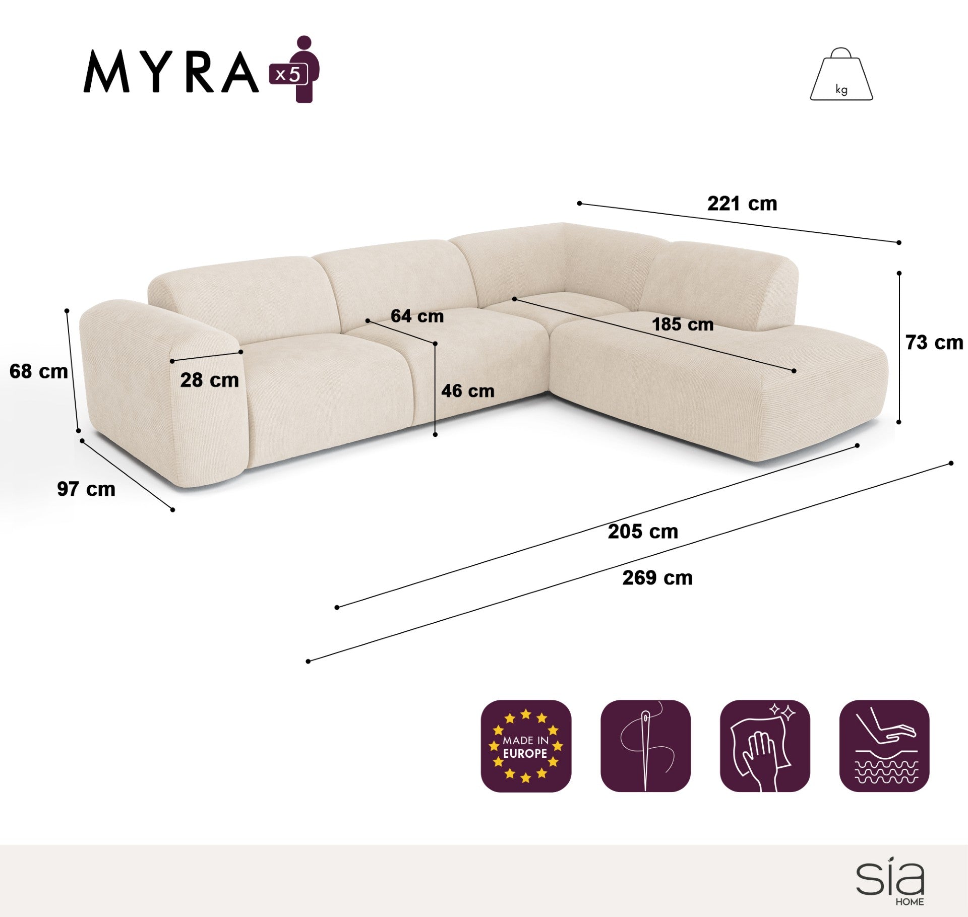 Sia Home Myra grand canapé angle droit crème méridienne