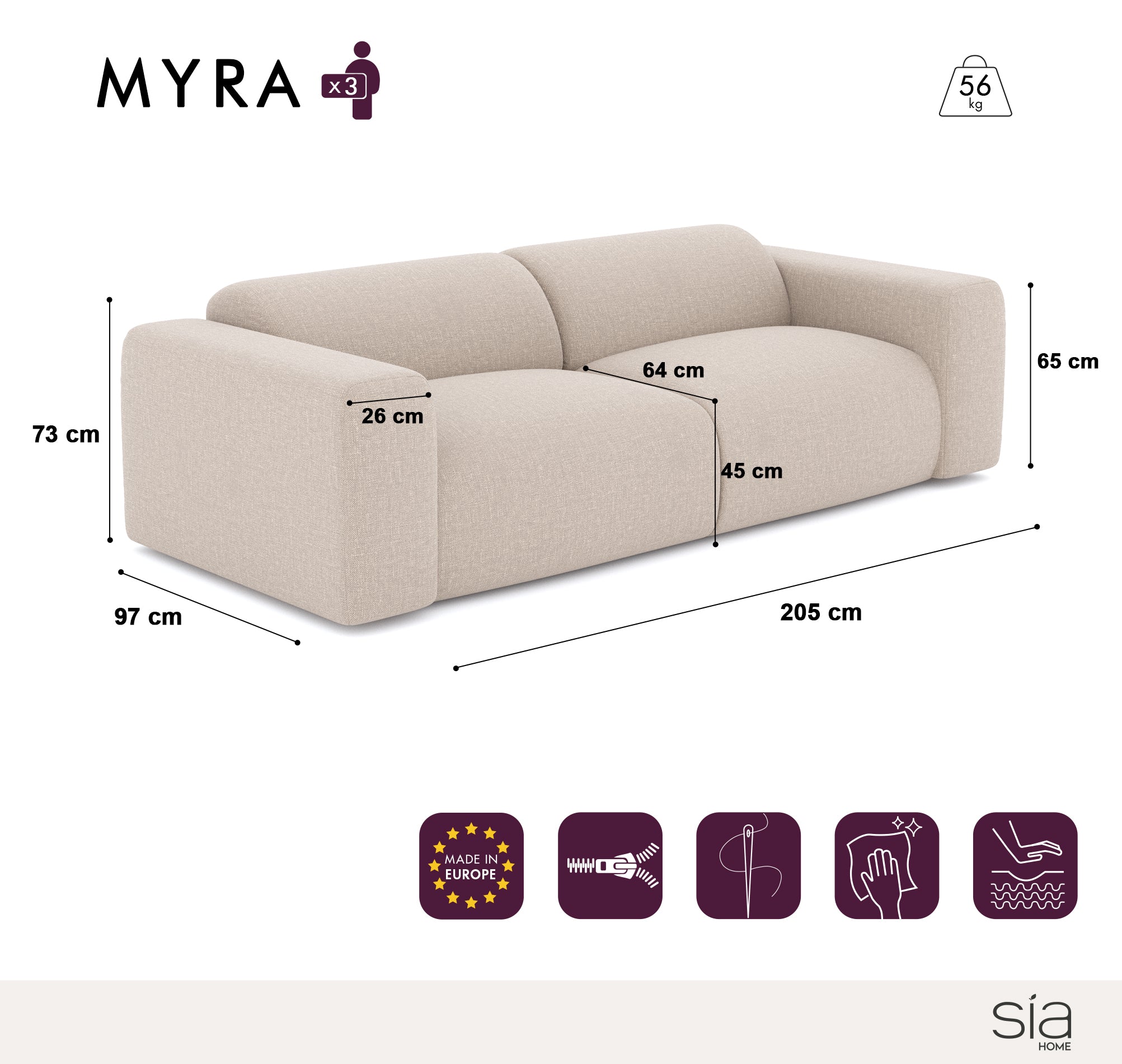 Sia Home Myra canapé droit crème formes arrondies