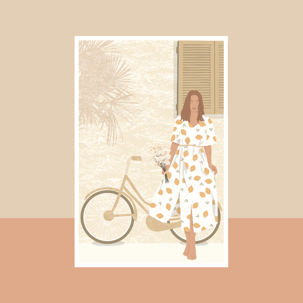 Flowrette Femme à vélo carte postale pastel
