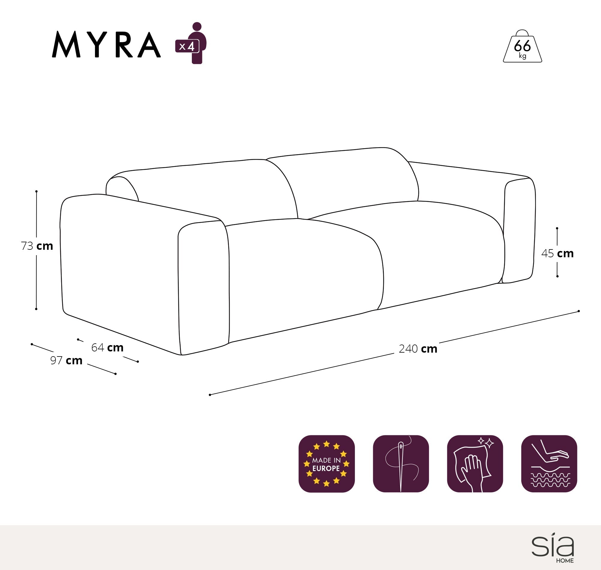 Sia Home Canapé Myra canapé droit beige assise arrondie