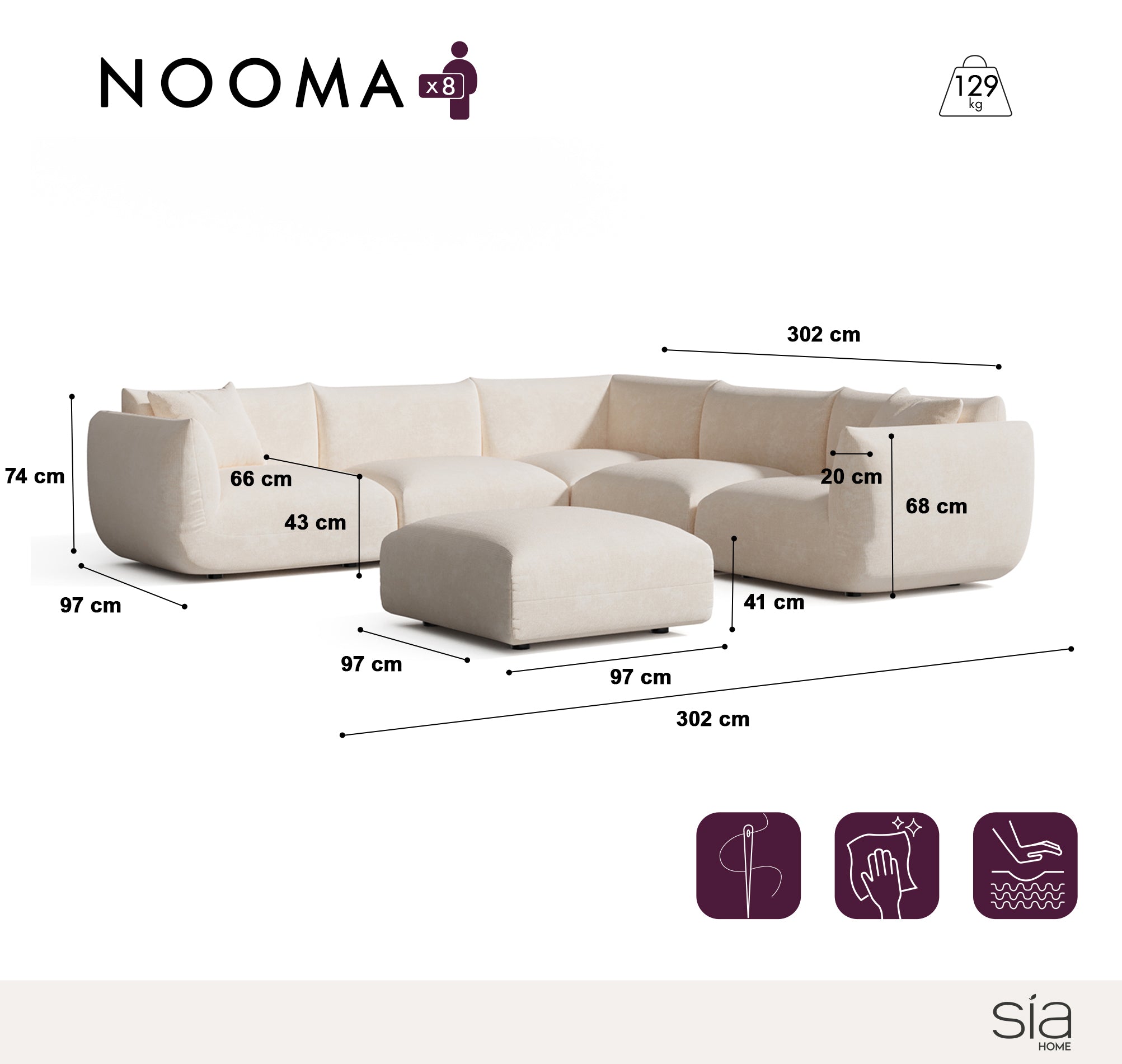 Sia Nooma canapé angle panoramique 8 places