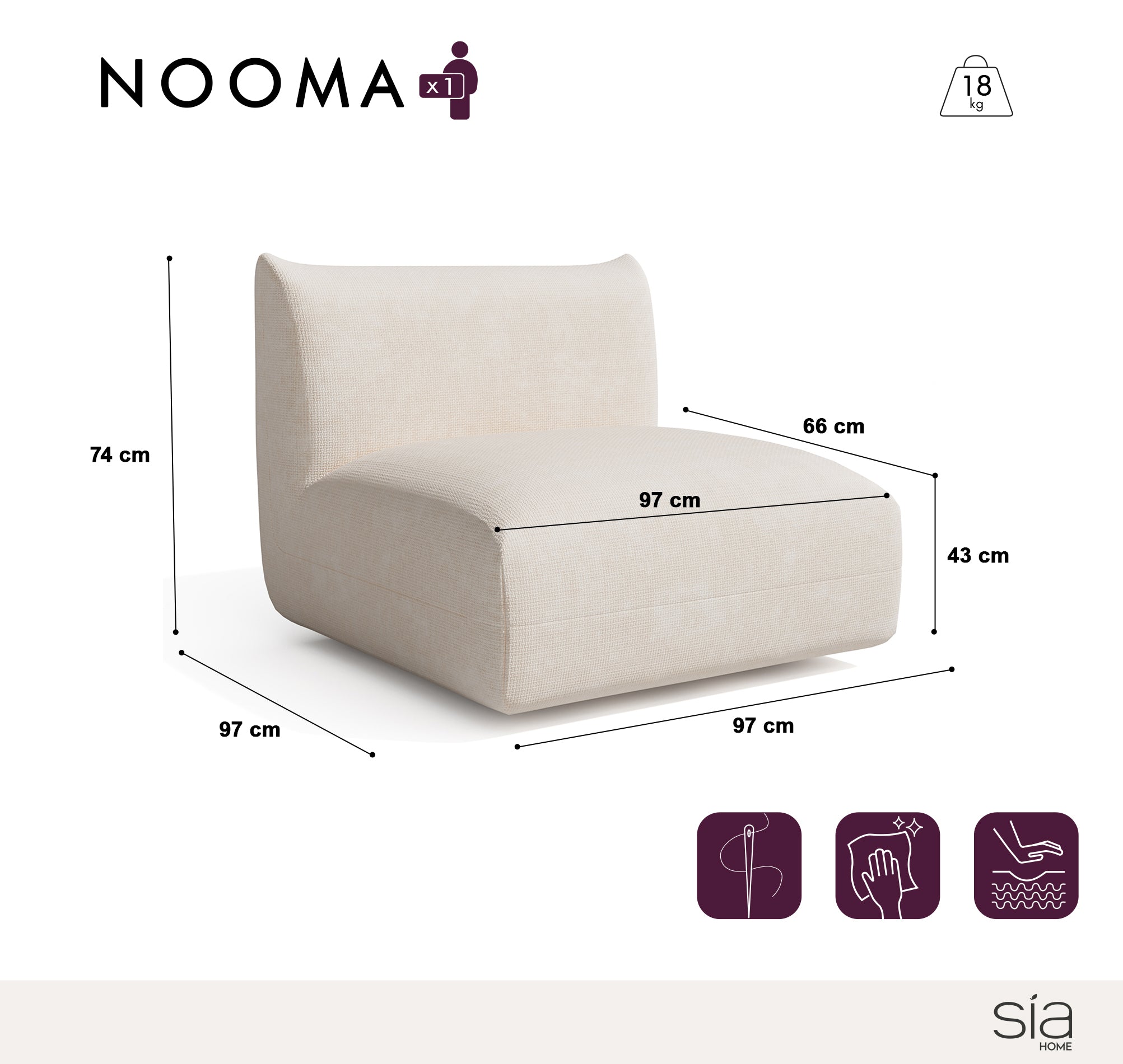 Sia Home Nooma fauteuil tissu crème modulaire arrondi