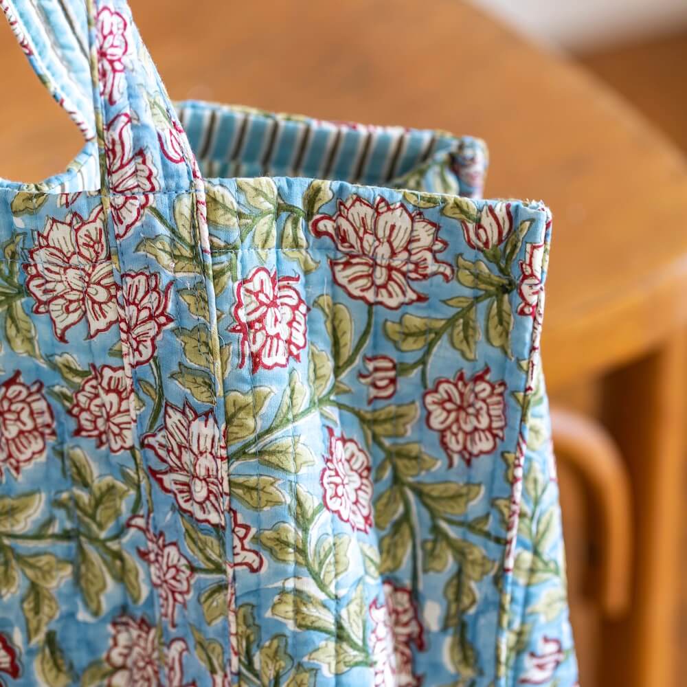 Flowrette Jodphur cabas coton bleu fleurs réversible
