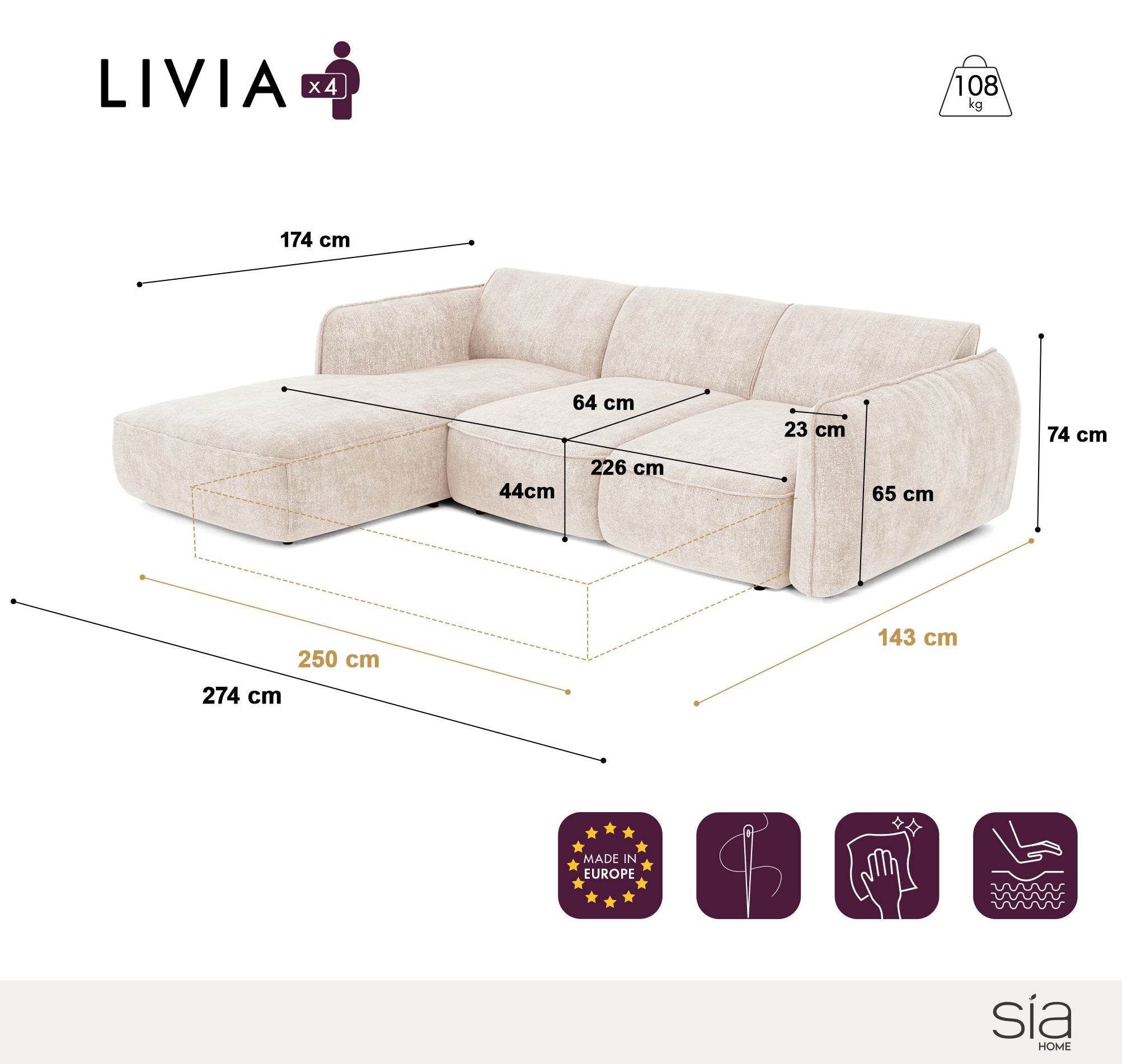 Sia Home Livia canapé d'angle convertible crème 274 cm