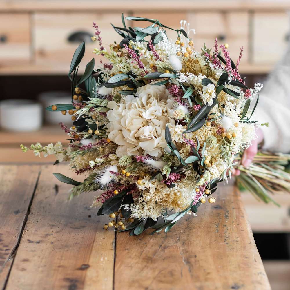 Flowrette Alban bouquet fleurs séchées taille M vert rose blanc