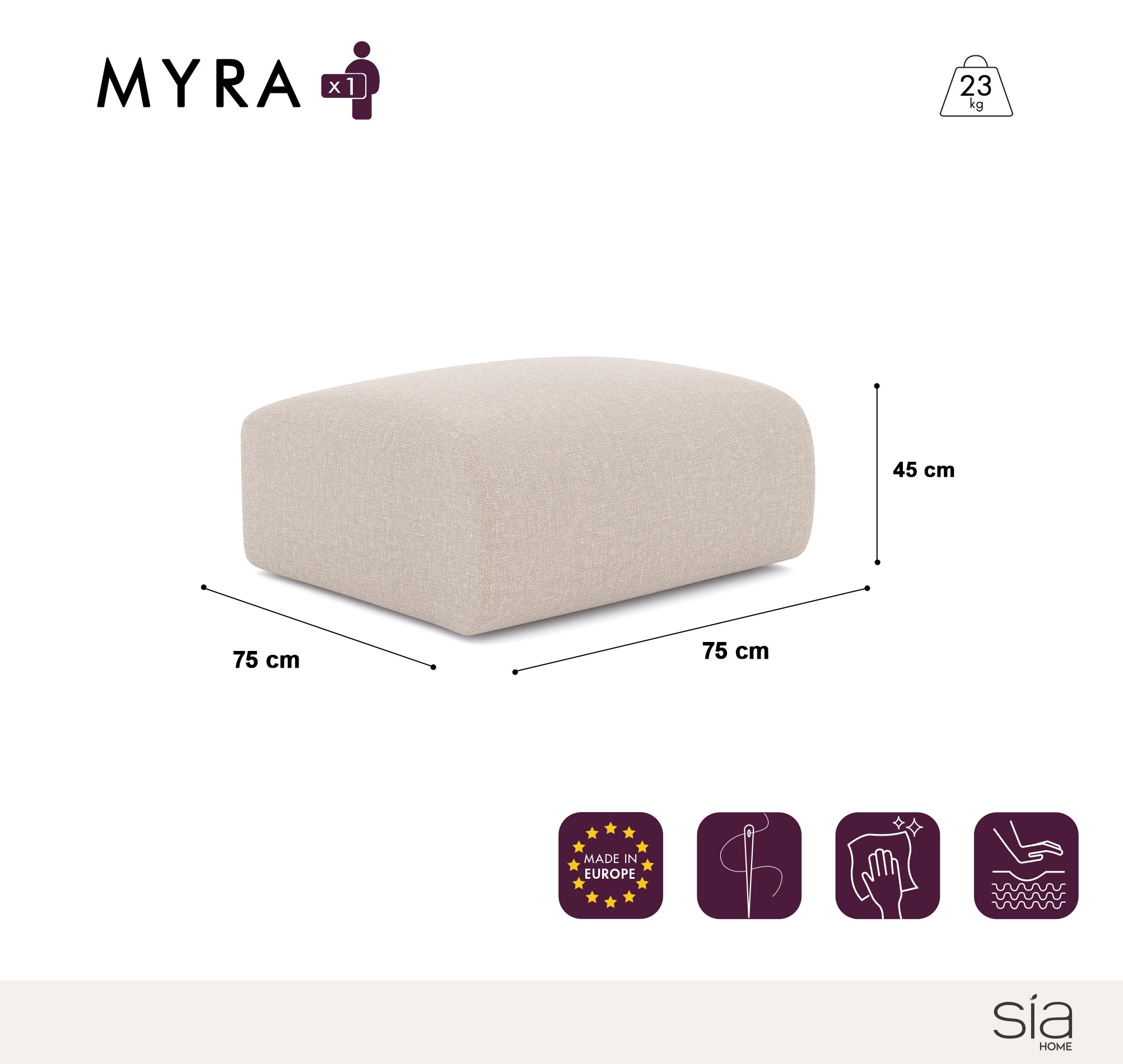 Sia Home Myra pouf crème assise arrondie tissu