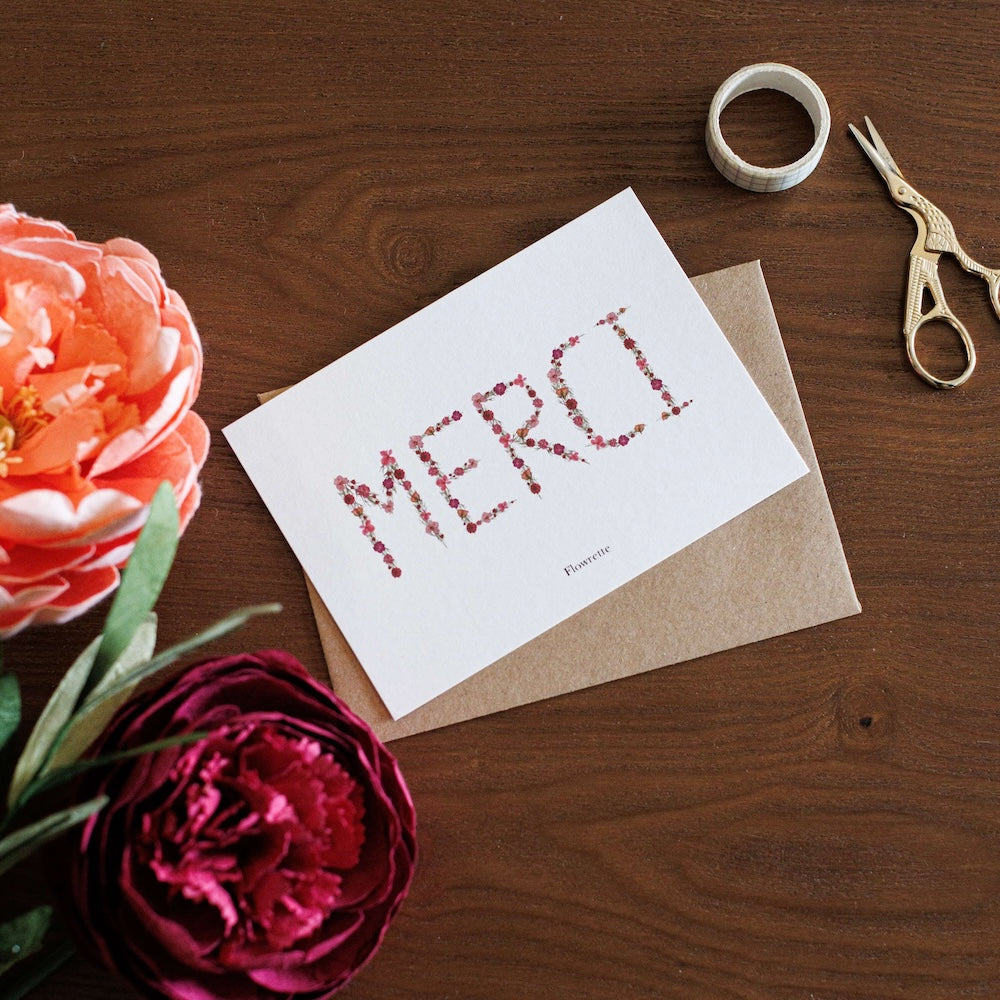 Flowrette Merci carte postale remerciement + enveloppe kraft
