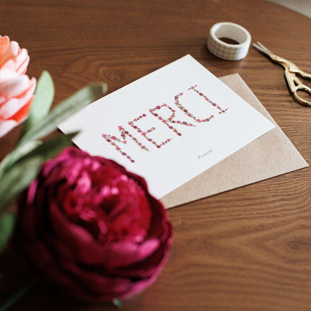 Flowrette Merci carte postale remerciement + enveloppe kraft