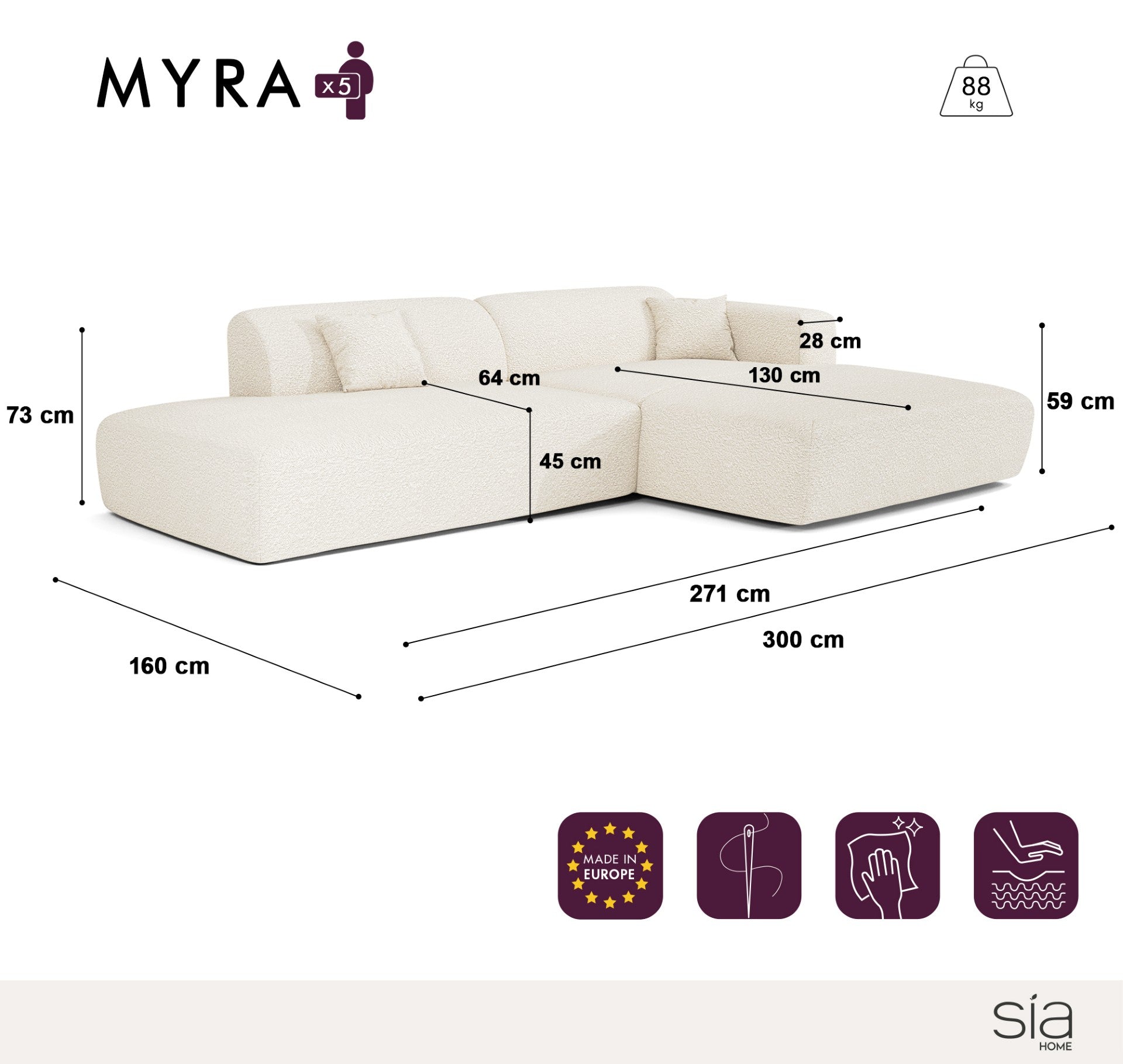 Sia MYRA canapé angle droit 5 places crème tissu