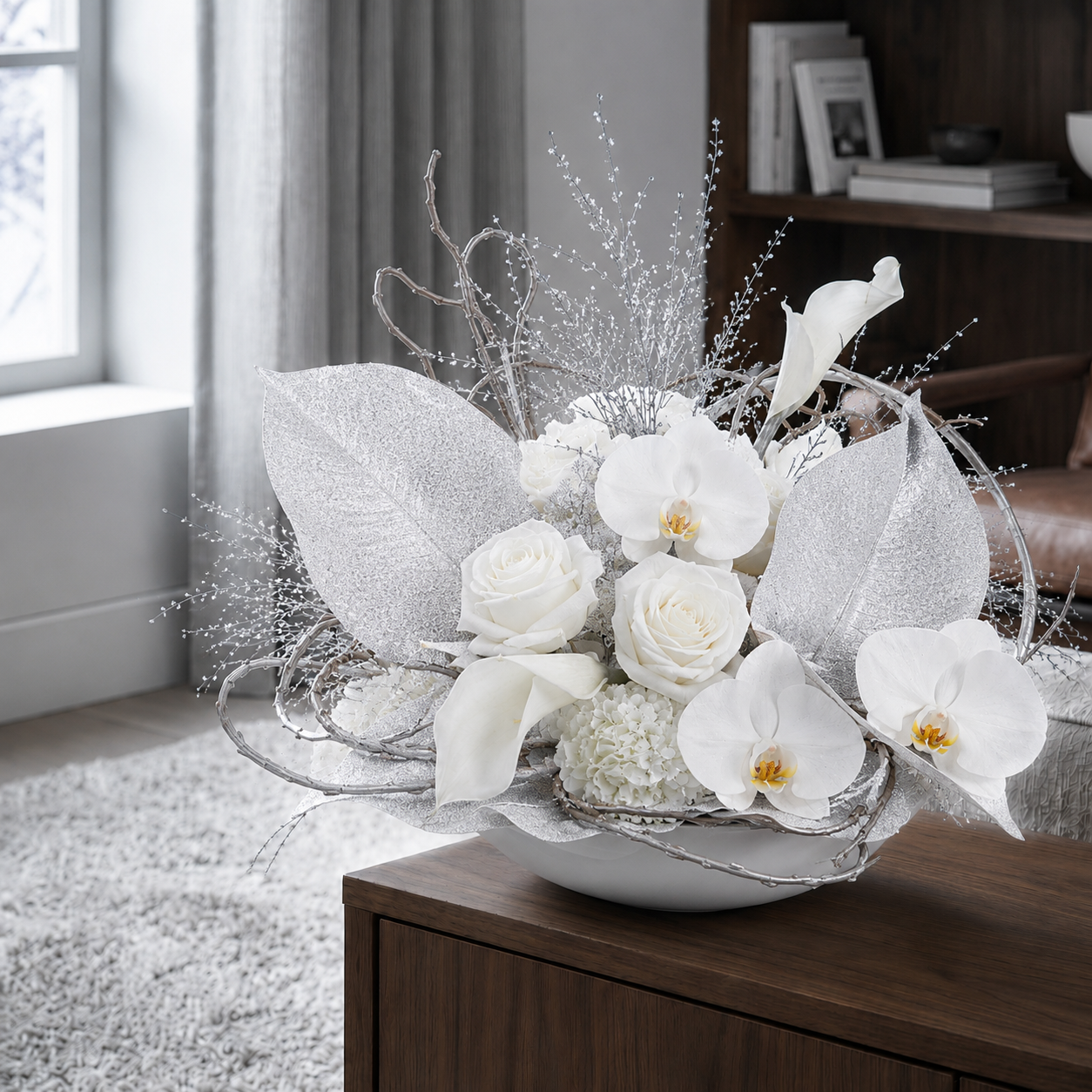 Sia Home Feuille Pailletée artificiel argenté 38 cm