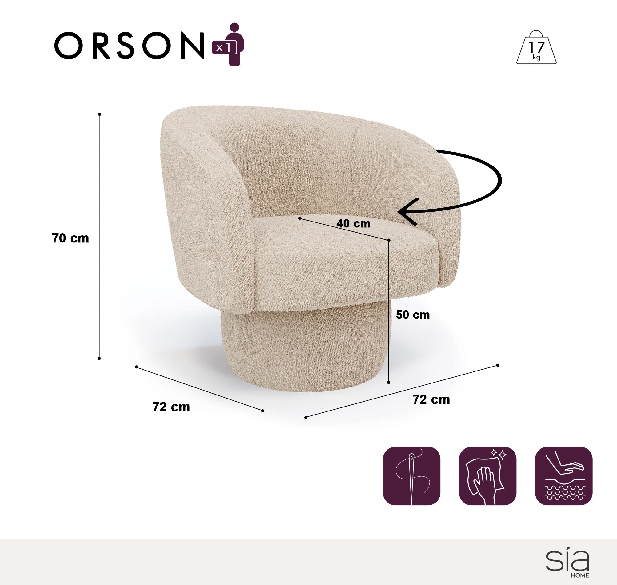 Sia Home Orson fauteuil pivotant crème 72 cm tissu