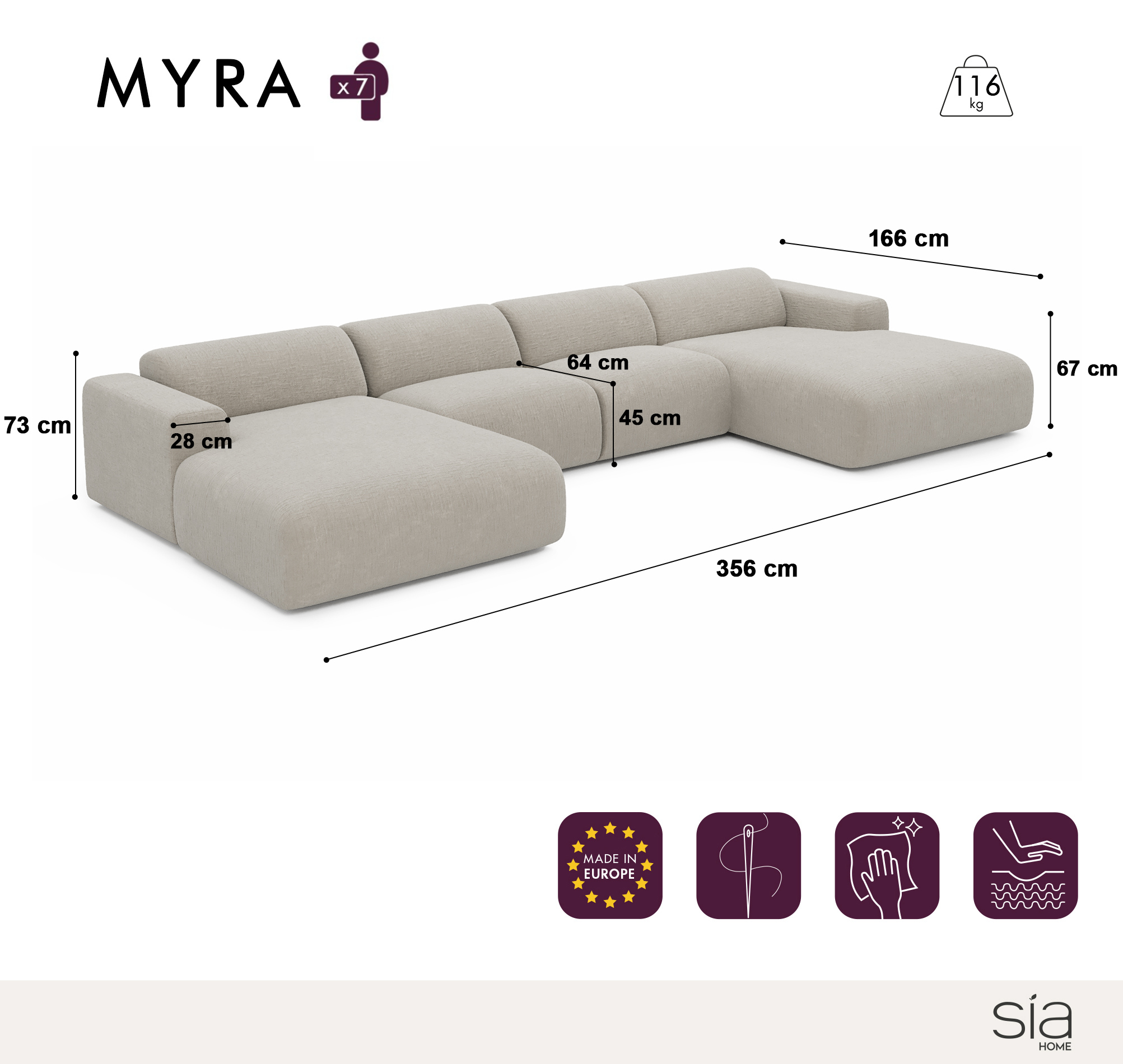 Sia Home Myra canapé panoramique 5 places crème
