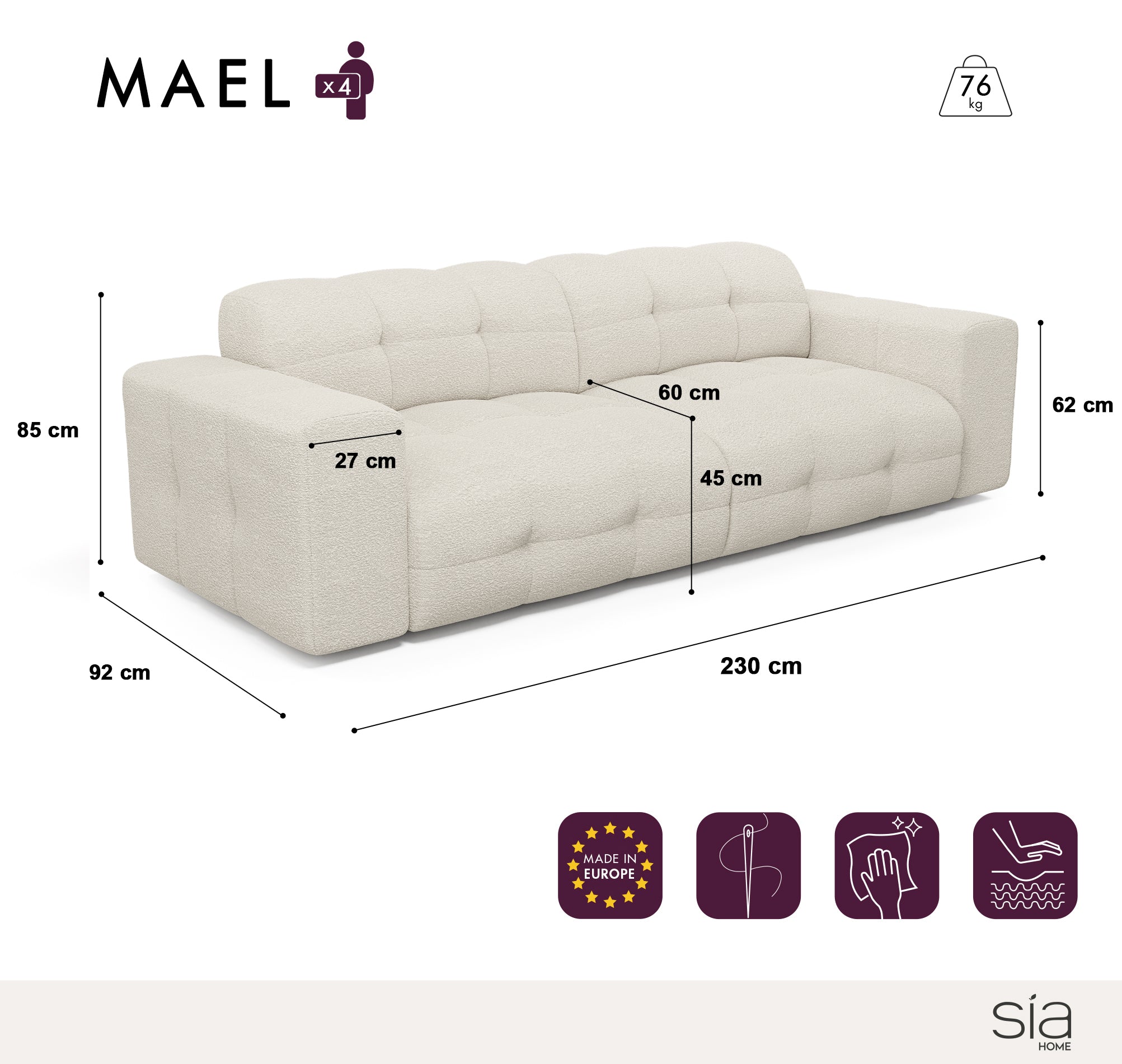 Sia Home Mael canapé crème courbes arrondies