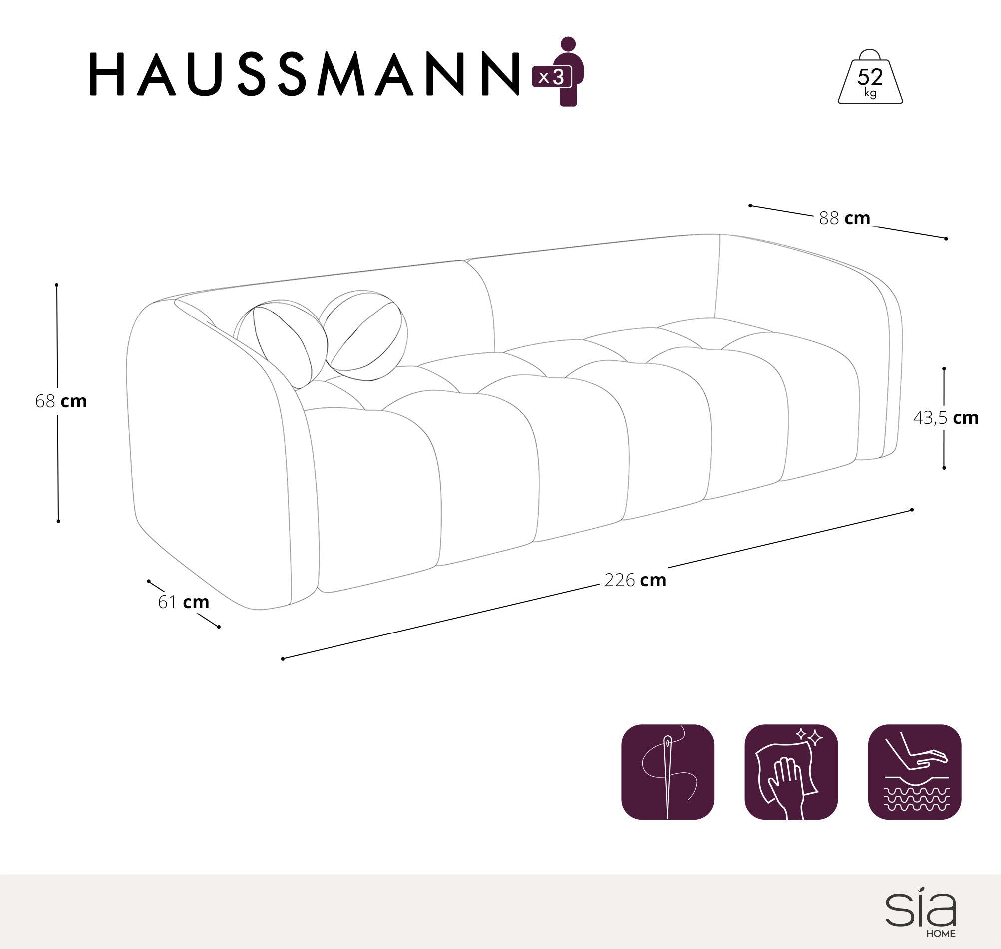 Sia Home Haussmann canapé 3 places droit brun expresso coussins boules