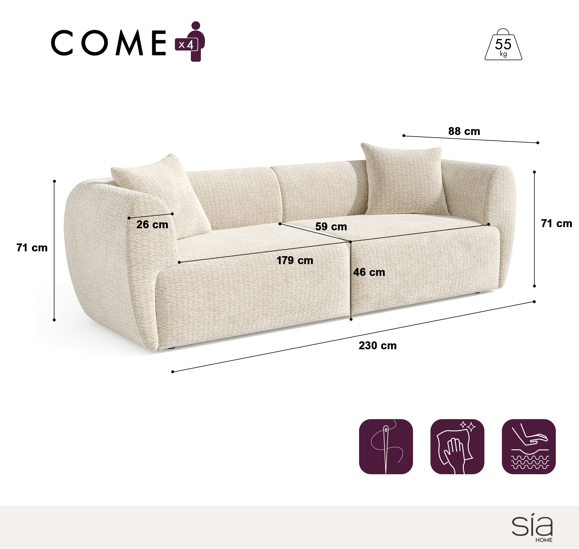 Sia Home Côme canapé droit 4 places crème