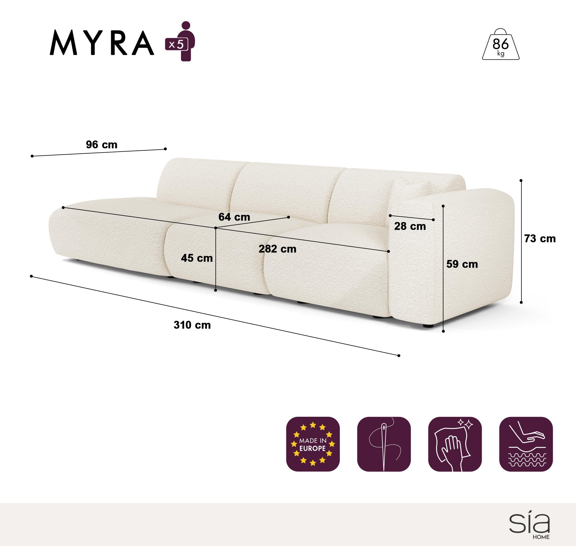 Sia Myra canapé droit beige 5 places arrondi