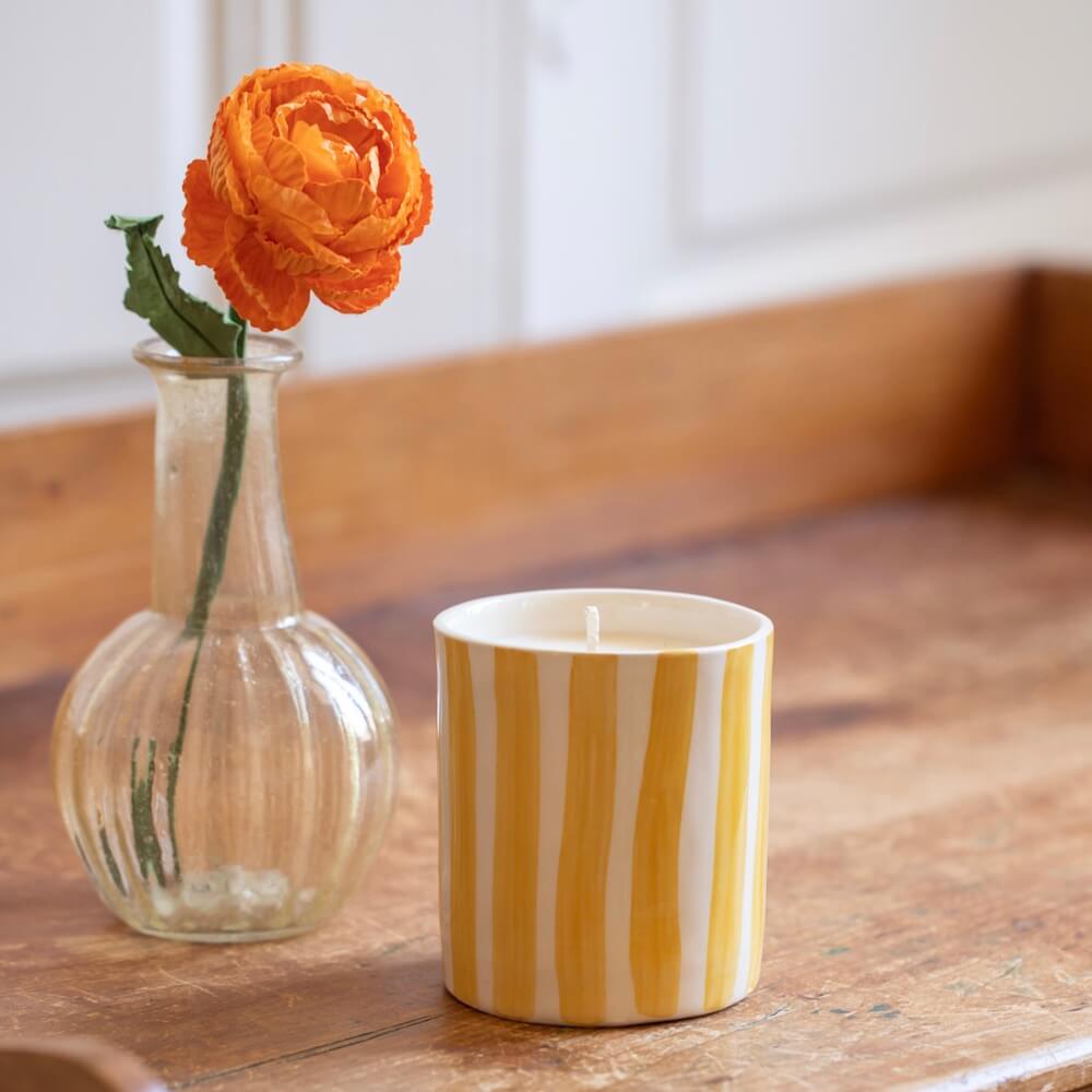 Flowrette Bougie Rayée Jaune Fleur de Tiaré Soja