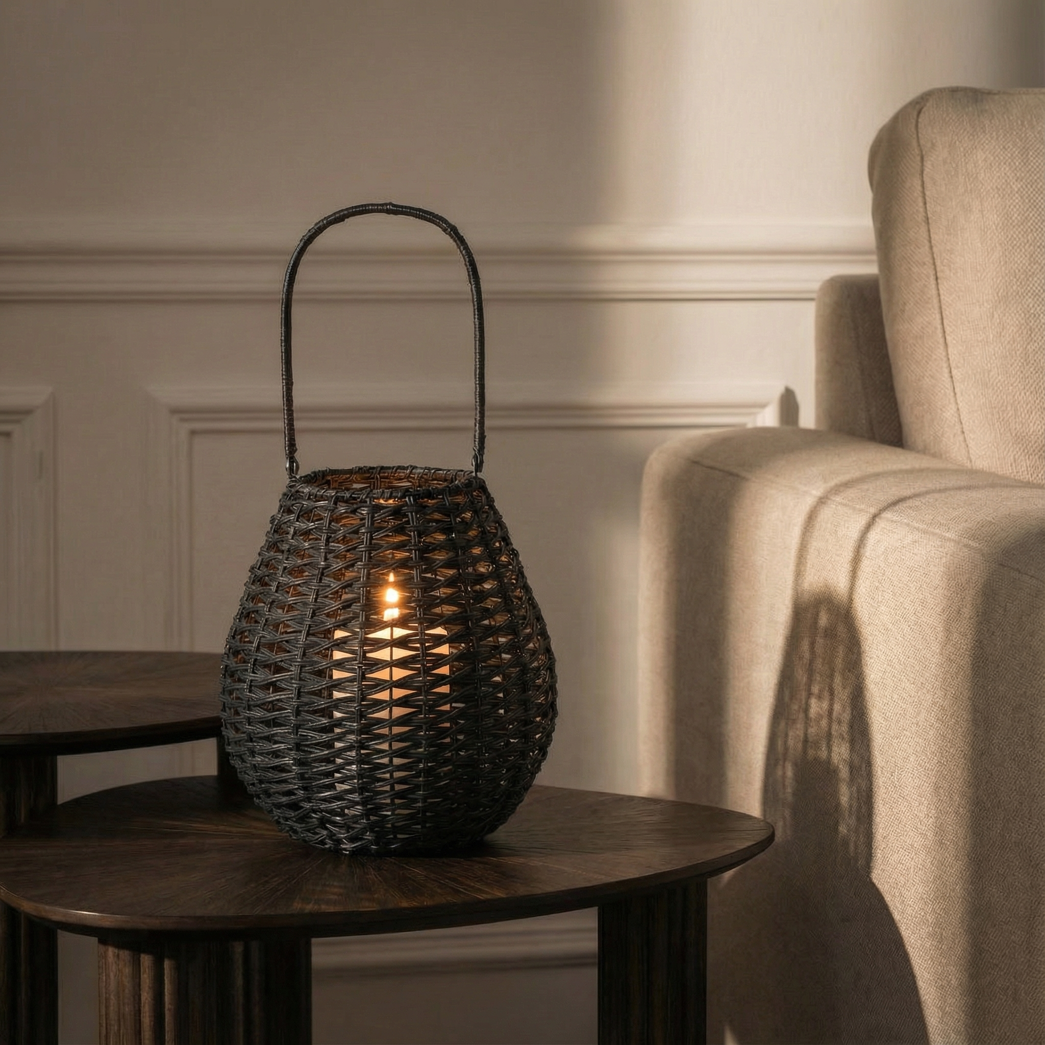 Sia Replay lanterne rotin noir 48 cm avec verre