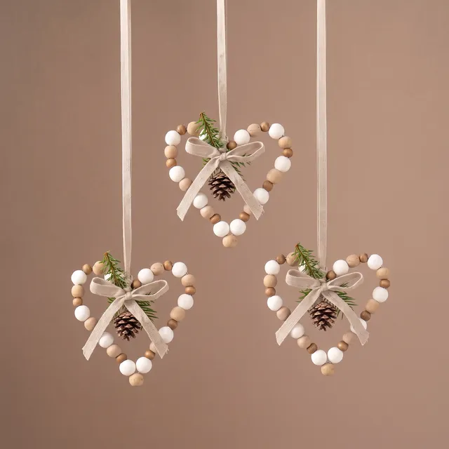 Sia Natura suspension Noël coeur bois 11 cm beige perles
