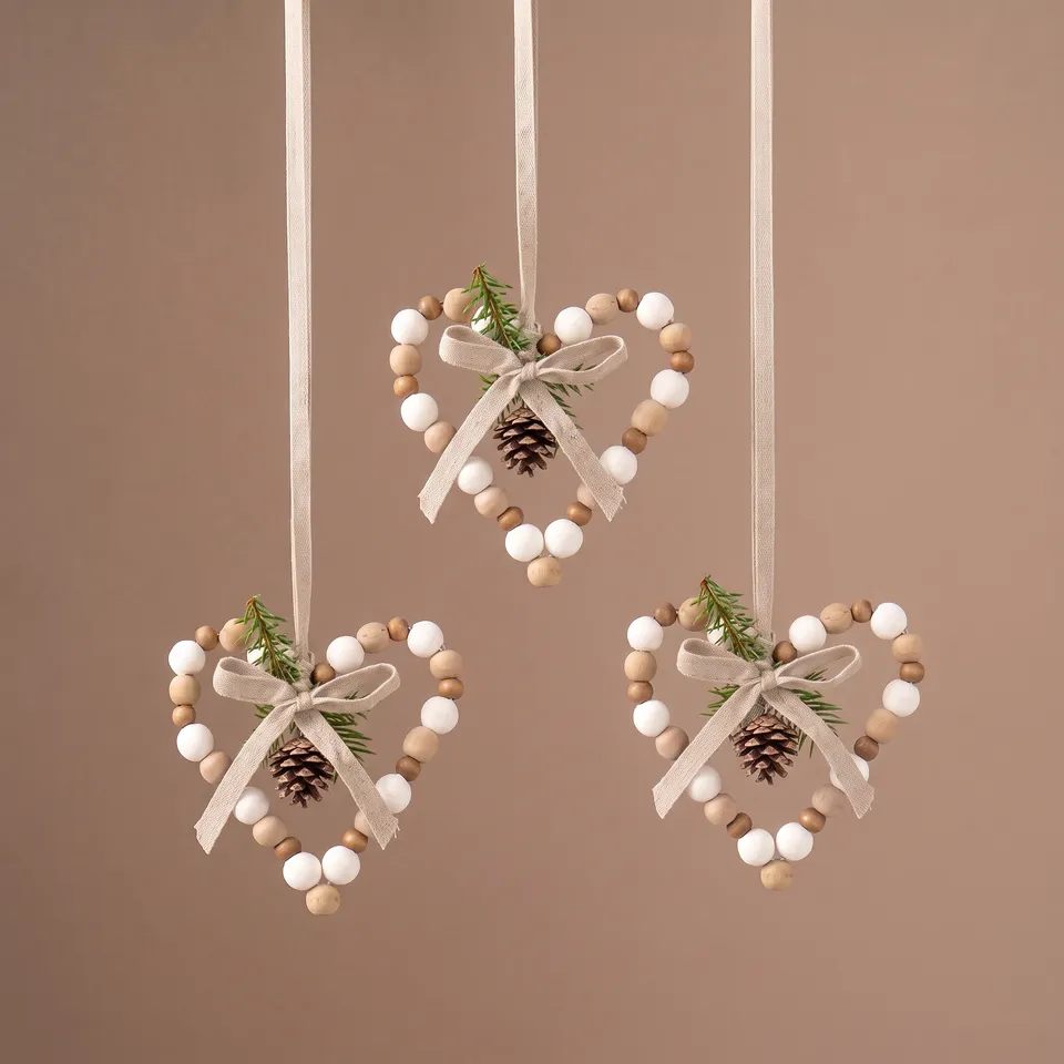 Sia Natura suspension Noël coeur bois 11 cm beige perles