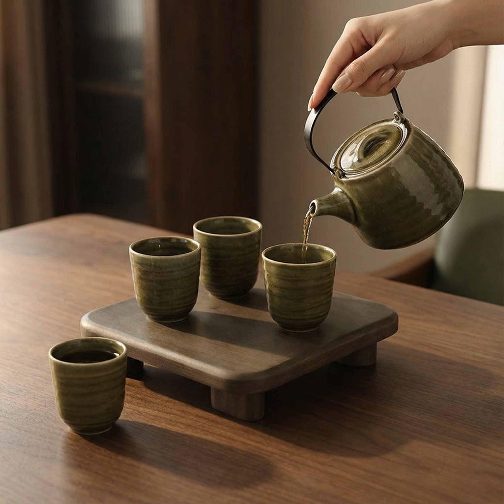 Sia Home Kyoto service à thé grès beige vert 5 pièces
