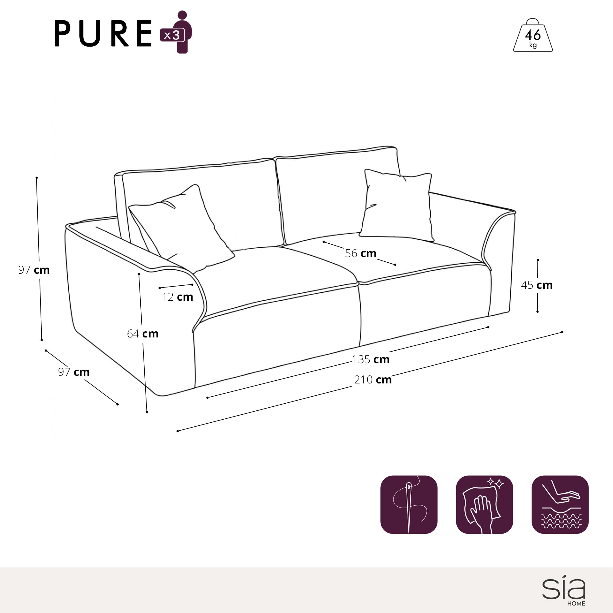 Sia Home PURE canapé 3 places crème velours