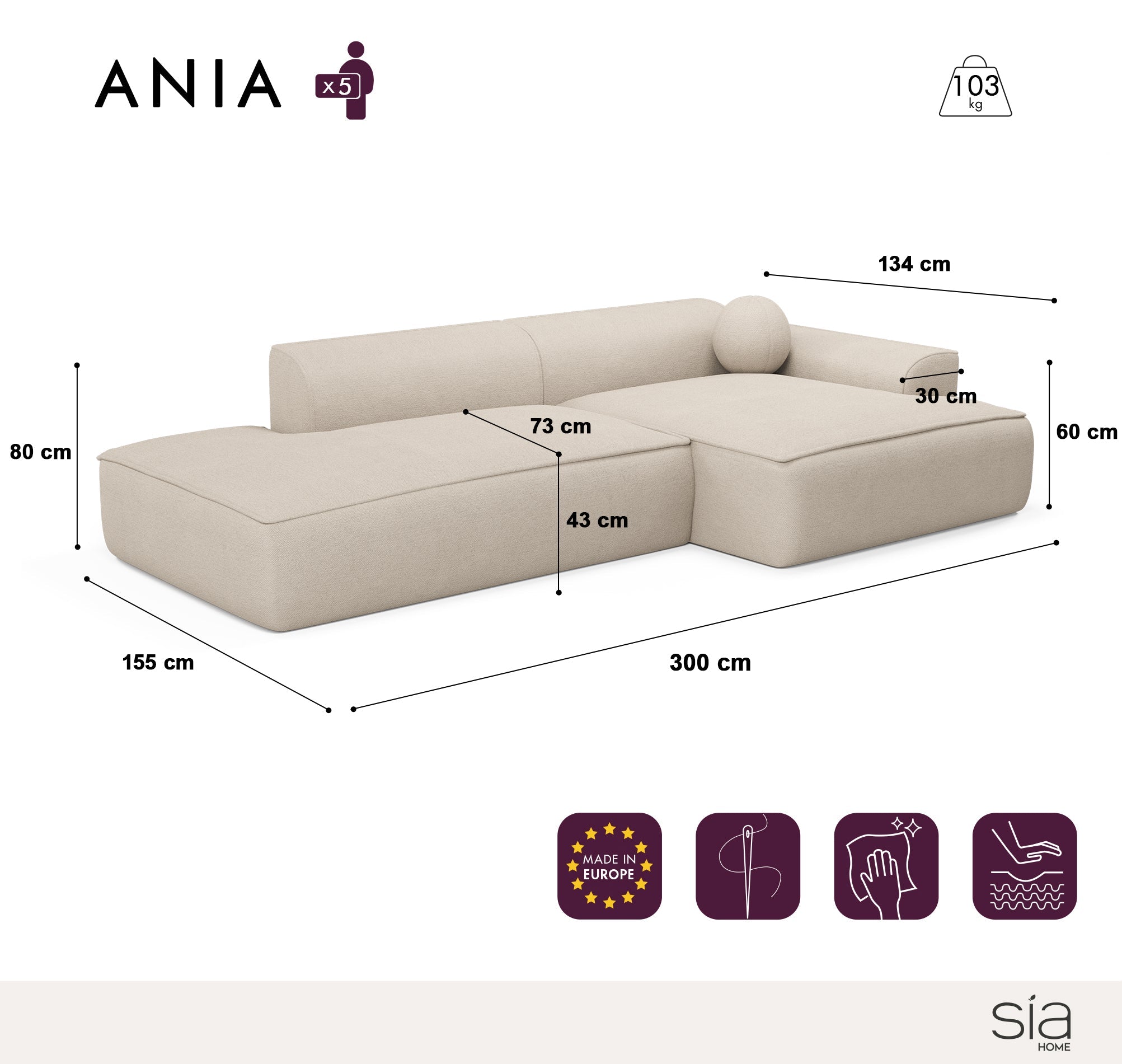 Sia Home Ania 300 cm canapé d'angle droit crème