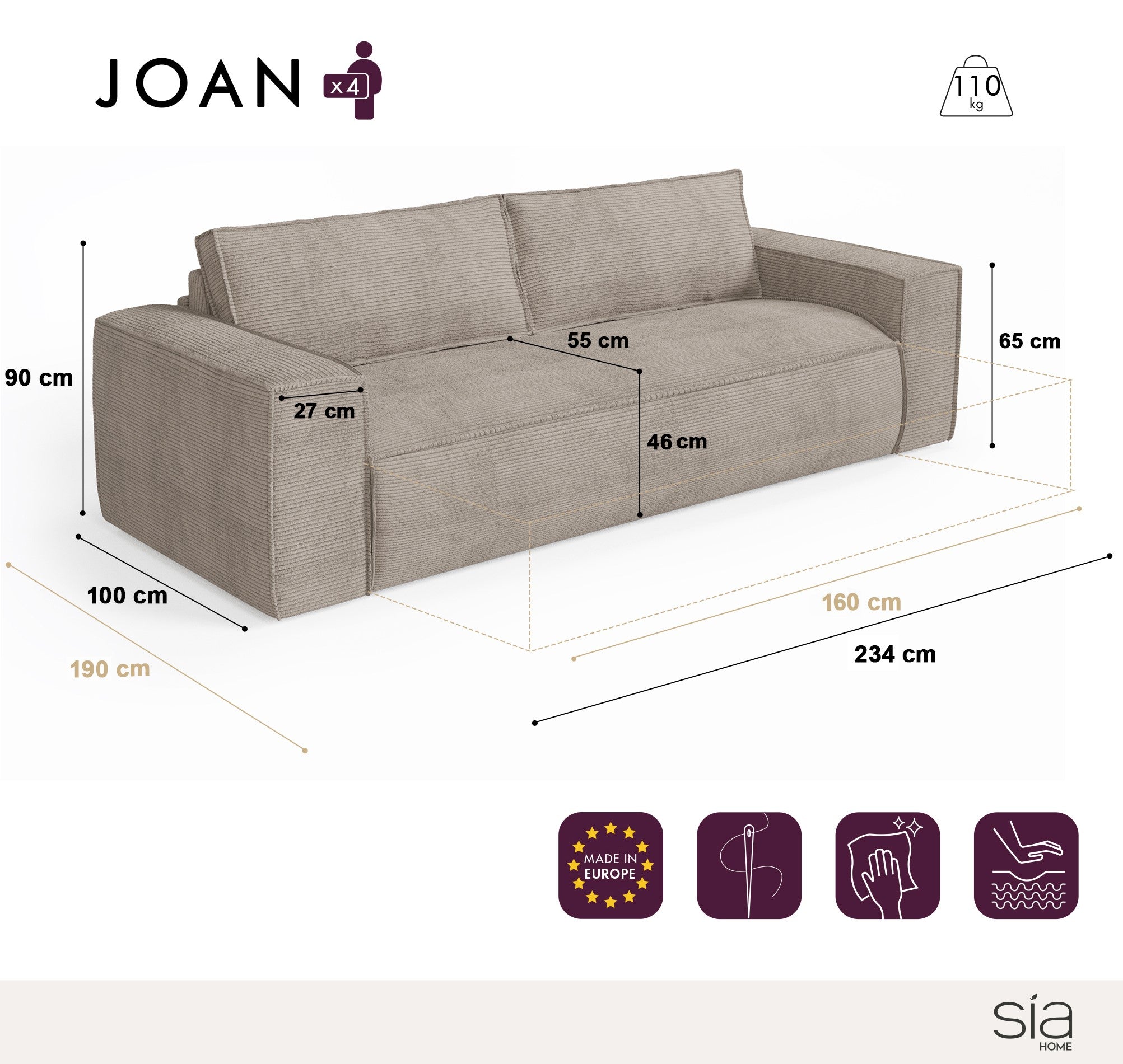 Sia Home Joan canapé convertible crème 160 cm matelas