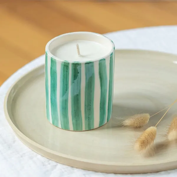 Flowrette Bougie cire soja vert d'eau rayée fleur de lin