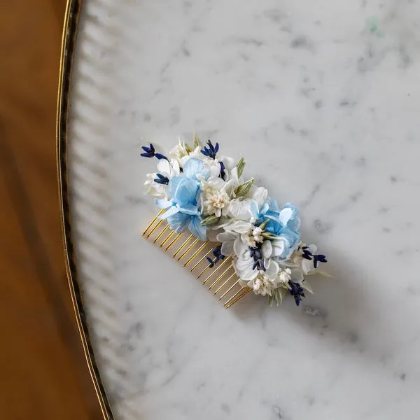 Flowrette Camille Peigne cheveux fleurs séchées bleu mariage