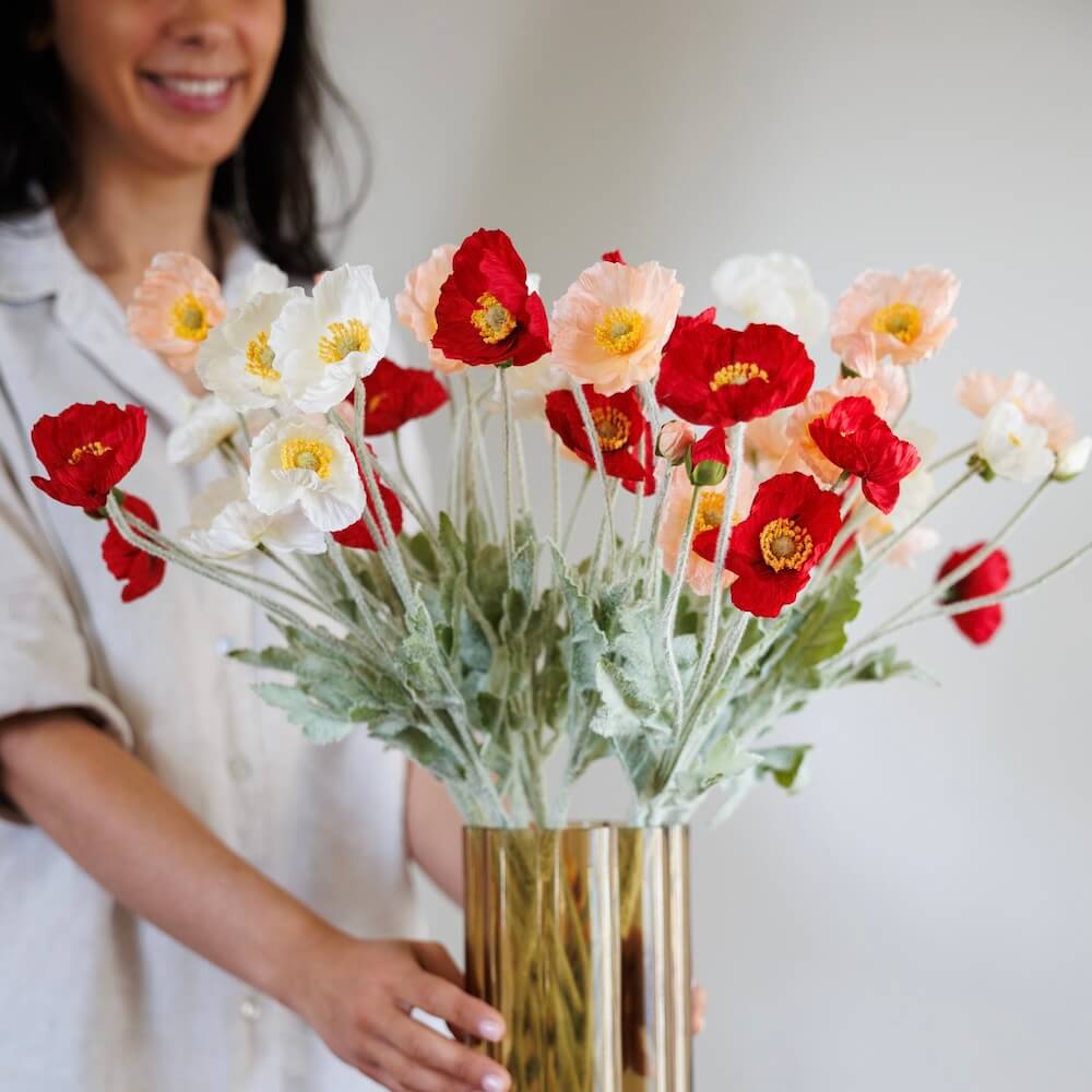 Flowrette Pavots bouquet artificiel corail rouge blanc