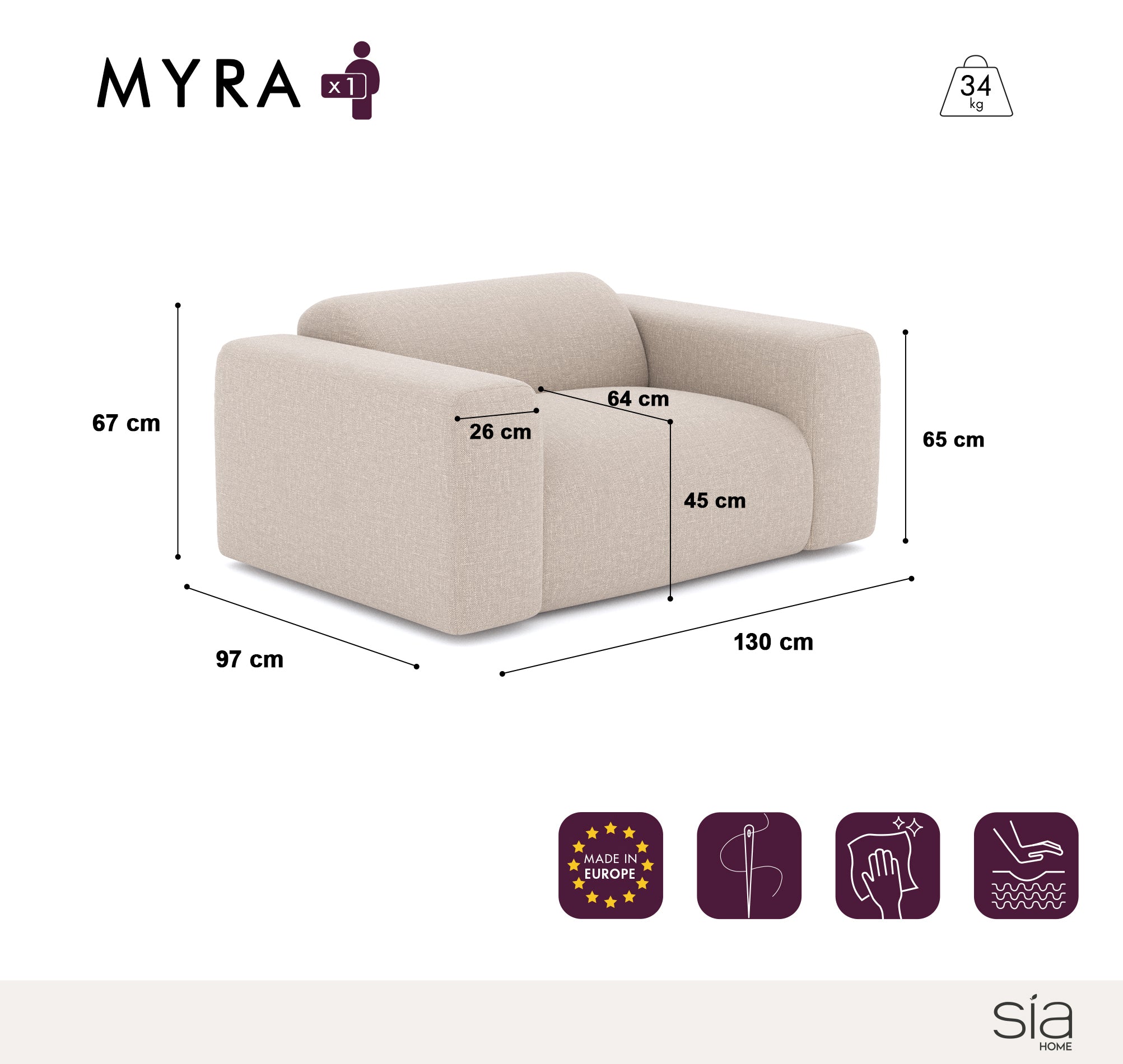 Sia Myra fauteuil tissu crème beige assise arrondie