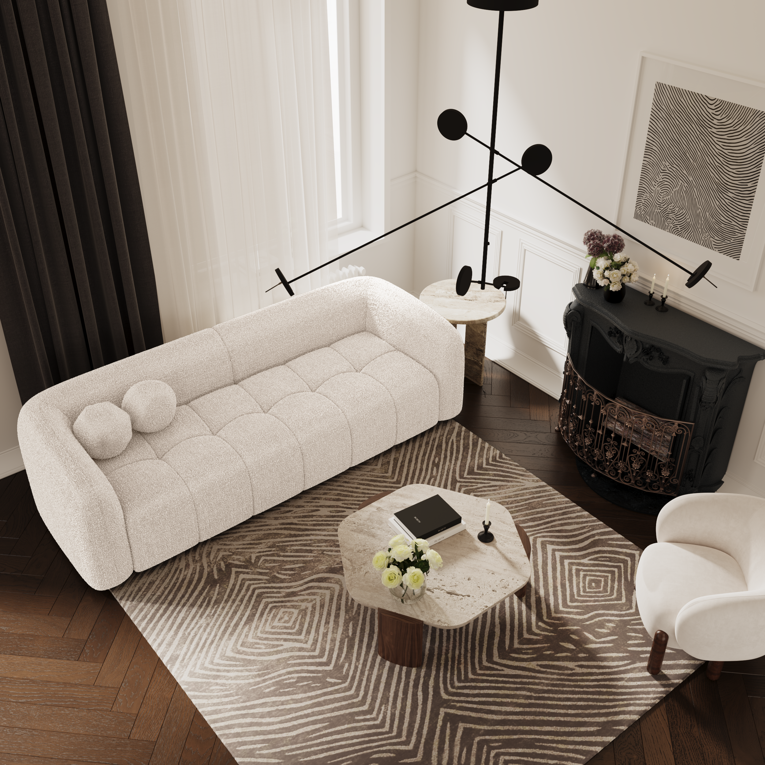Sia Haussmann canapé crème courbes arrondies coussins boules