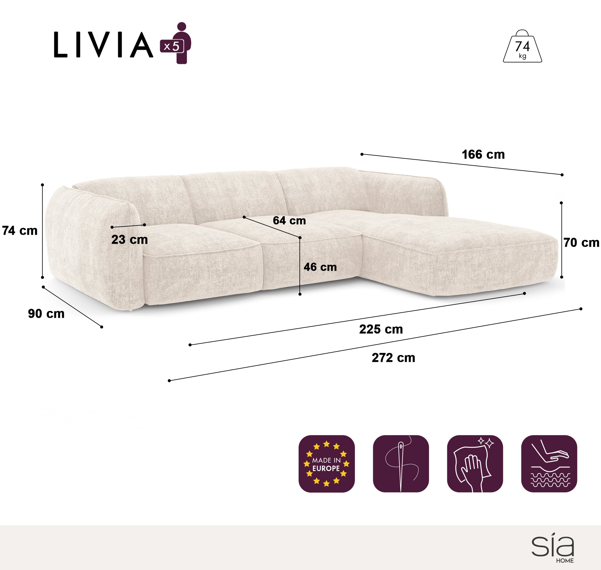 Sia Home Livia Angle Droit canapé crème 5 places