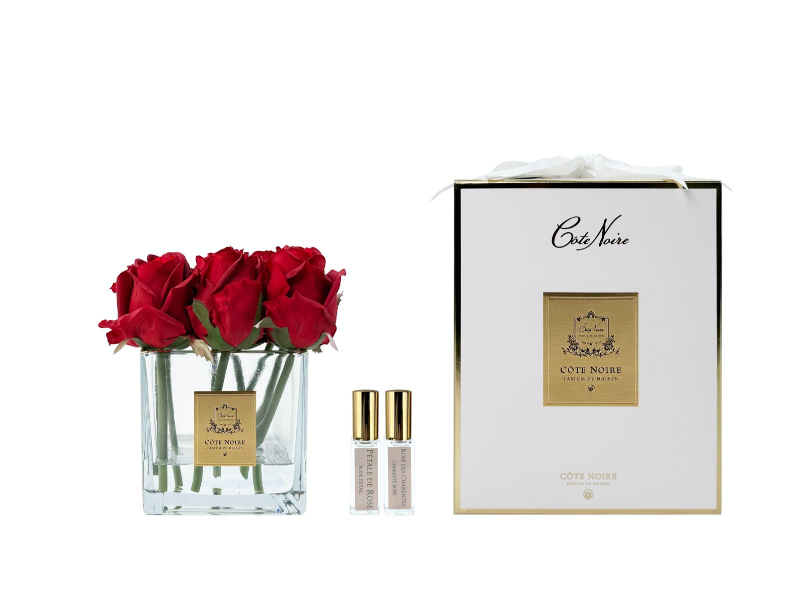 Côte Noire Couture Rosebuds SVC904 roses rouges vase carré