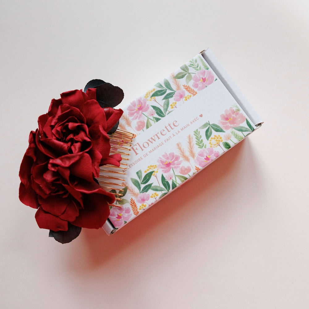Flowrette Bijoux peigne Clémence fleurs stabilisées rouge mariage